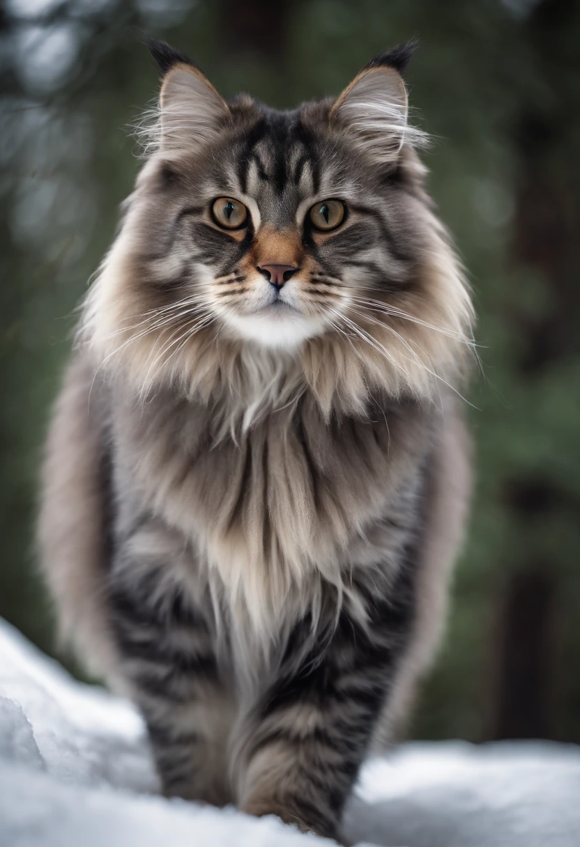 Giant fluffy silver and black Siberian Cat, snow and pine trees background, soft lighting, RAW photo, masterpiece, 8k wallpaper