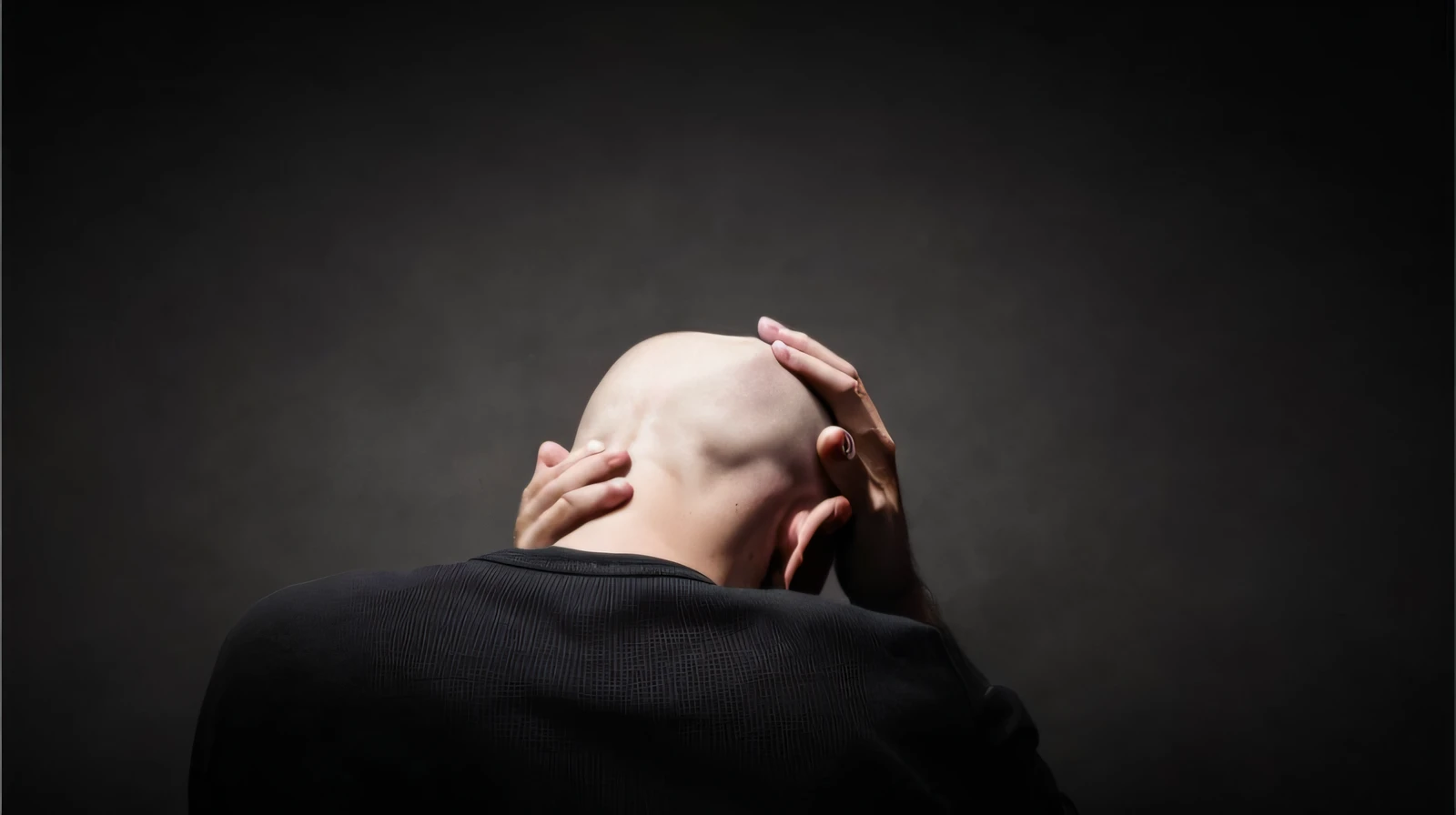 A closeup of a bald man with his hands on his head, head on hands, homem triste, bald man, triste, the futility of overexertion, resting head on hands, bald head, desespero, back of head, no head, Lutando, um homem muito triste, grim expression down, tristeza, balding, head bowed slightly
