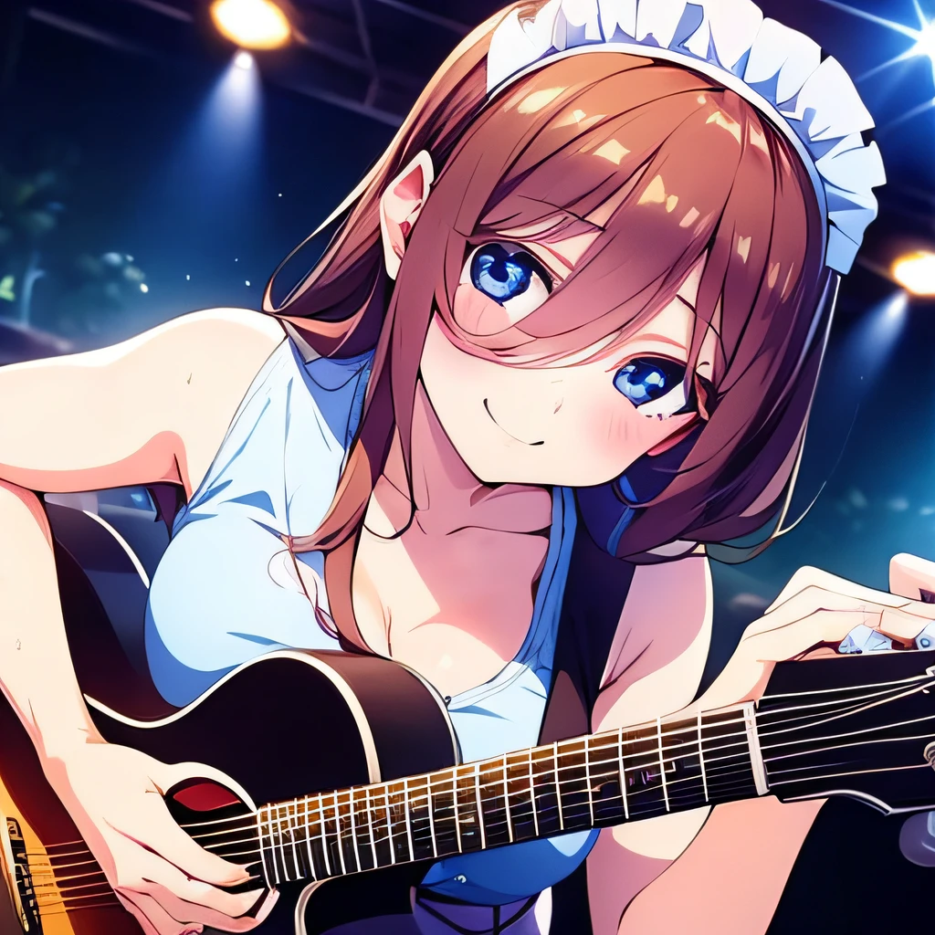 ((masterpiece)), ((best quality)), (ultra-detailed), anime style, Live performance venue, a cute girl, 1girl, solo, playing the guitar00, maid00, ((beautiful eyes))0, smile