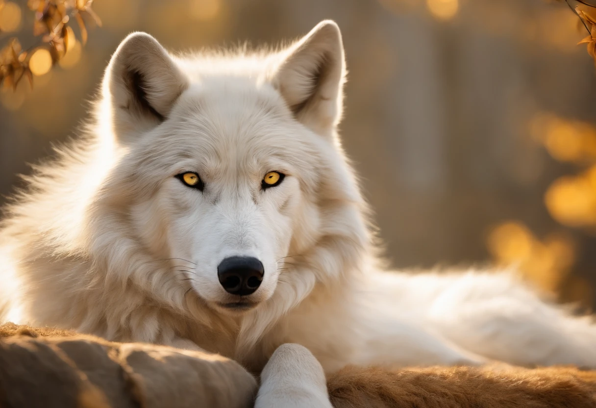 A fluffy white wolf with yellow eyes, placed in a dream-like bedroom background. The wolf is depicted with extreme detail, showcasing its fur texture and intricate facial features. The image should have the best quality, aiming for a photorealistic rendering that captures every intricate detail. The color palette should consist of cool colors, creating a serene and calm atmosphere. The lighting should be soft and ambient, casting gentle shadows to accentuate the wolf's form. Overall, the prompt aims to evoke a sense of tranquility and wonder, immersing the viewer in a dreamy and ethereal world.
