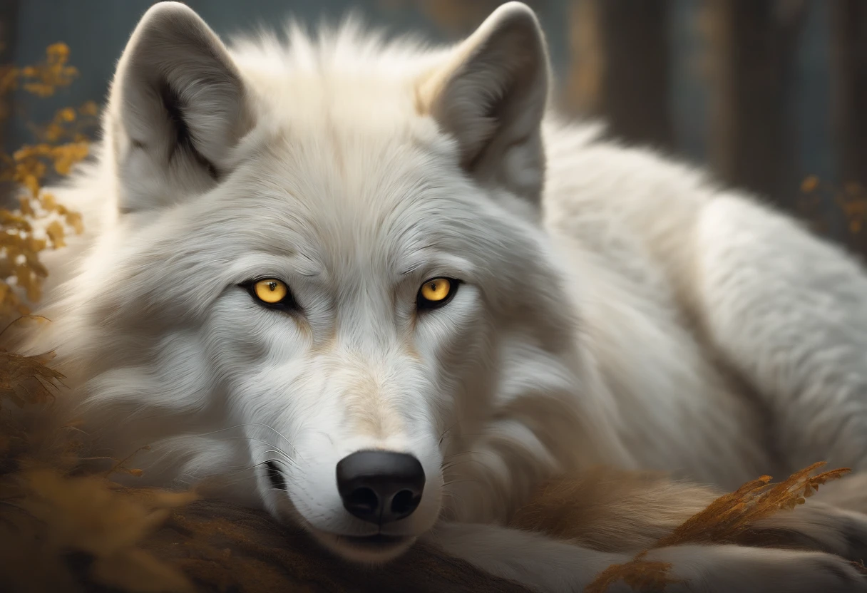 A fluffy white wolf with yellow eyes, placed in a dream-like bedroom background. The wolf is depicted with extreme detail, showcasing its fur texture and intricate facial features. The image should have the best quality, aiming for a photorealistic rendering that captures every intricate detail. The color palette should consist of cool colors, creating a serene and calm atmosphere. The lighting should be soft and ambient, casting gentle shadows to accentuate the wolf's form. Overall, the prompt aims to evoke a sense of tranquility and wonder, immersing the viewer in a dreamy and ethereal world.
