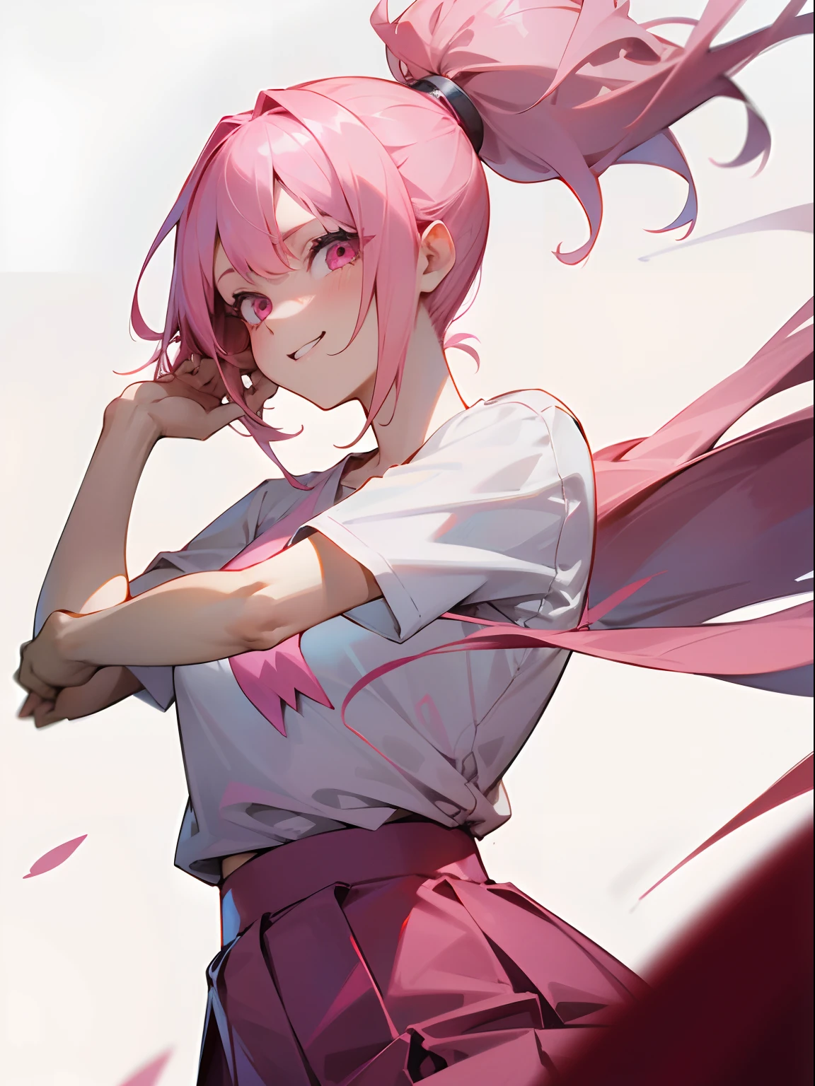 1girl in, Long pink hair, Ponytail, Pink eyes, Plain white shirt, Red skirt, Happy, upperbody shot, absurderes, hight resolution, ultrasharp, 8K, masutepiece