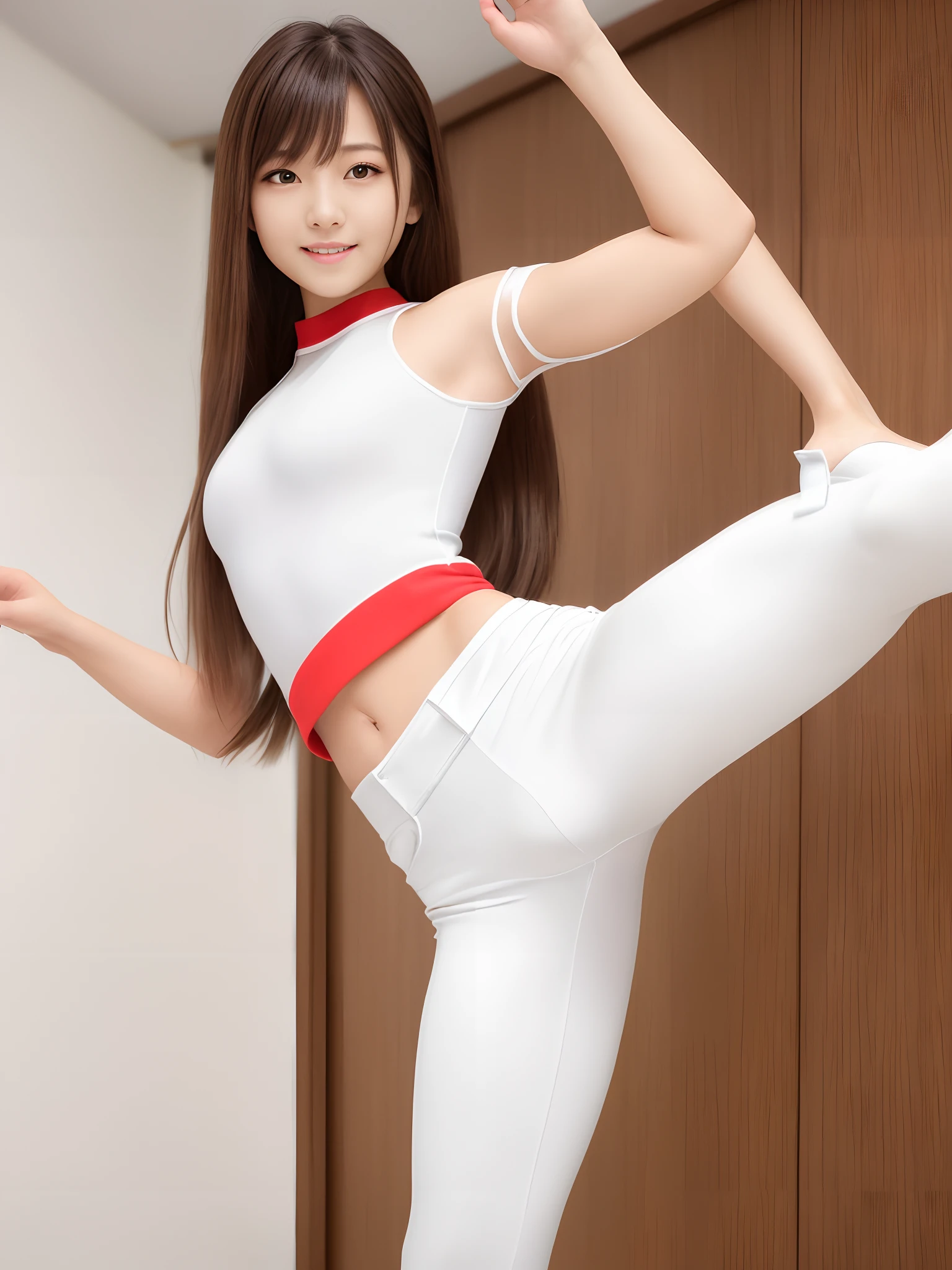 (Photorealsitic)(), Perfectly beautiful woman, (Full body 8K portrait), Large and dynamic hand and foot movements, White Karate Uniform, White karate pants, Large bust,Stand alone, Large and dynamic hand and foot movements, Make a high side kick, Correct skeleton, Perfect facial detail, (Smile: 1.15), attractive beautiful face, gazing at viewer, a small face, 二重まぶた, Beautiful detailed eyes, long eyeslashes, ligh brown hair, poneyTail, Toned waist, Beautiful thin legs, toned ankles, bare-legged ,TOKYOcty