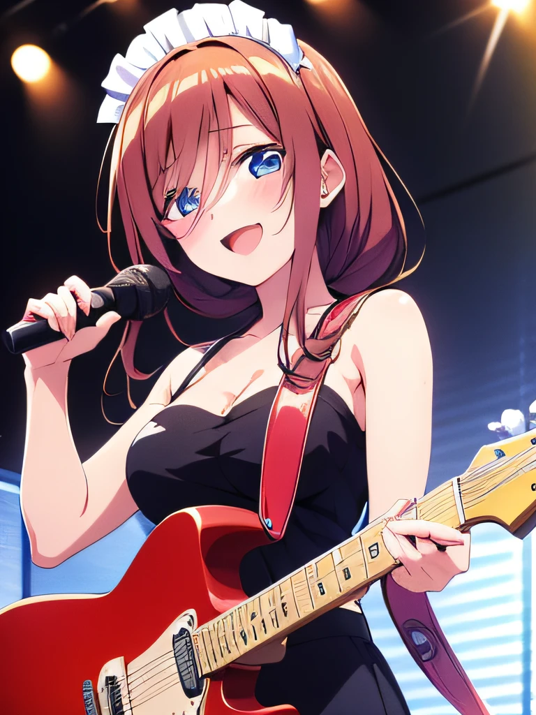 ((masterpiece)), ((best quality)), (ultra-detailed), anime style, Live performance venue, a cute girl, 1girl, solo, playing the guitar00, maid00, ((beautiful eyes))0, smile