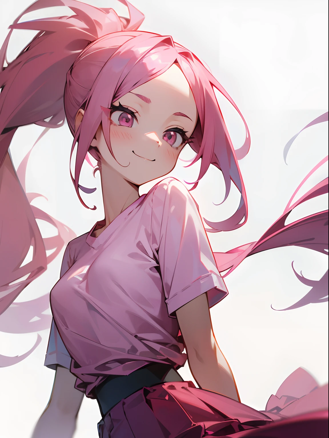 1girl in, Long pink hair, Ponytail, Pink eyes, Plain white shirt, Red skirt, Happy, upperbody shot, absurderes, hight resolution, ultrasharp, 8K, masutepiece