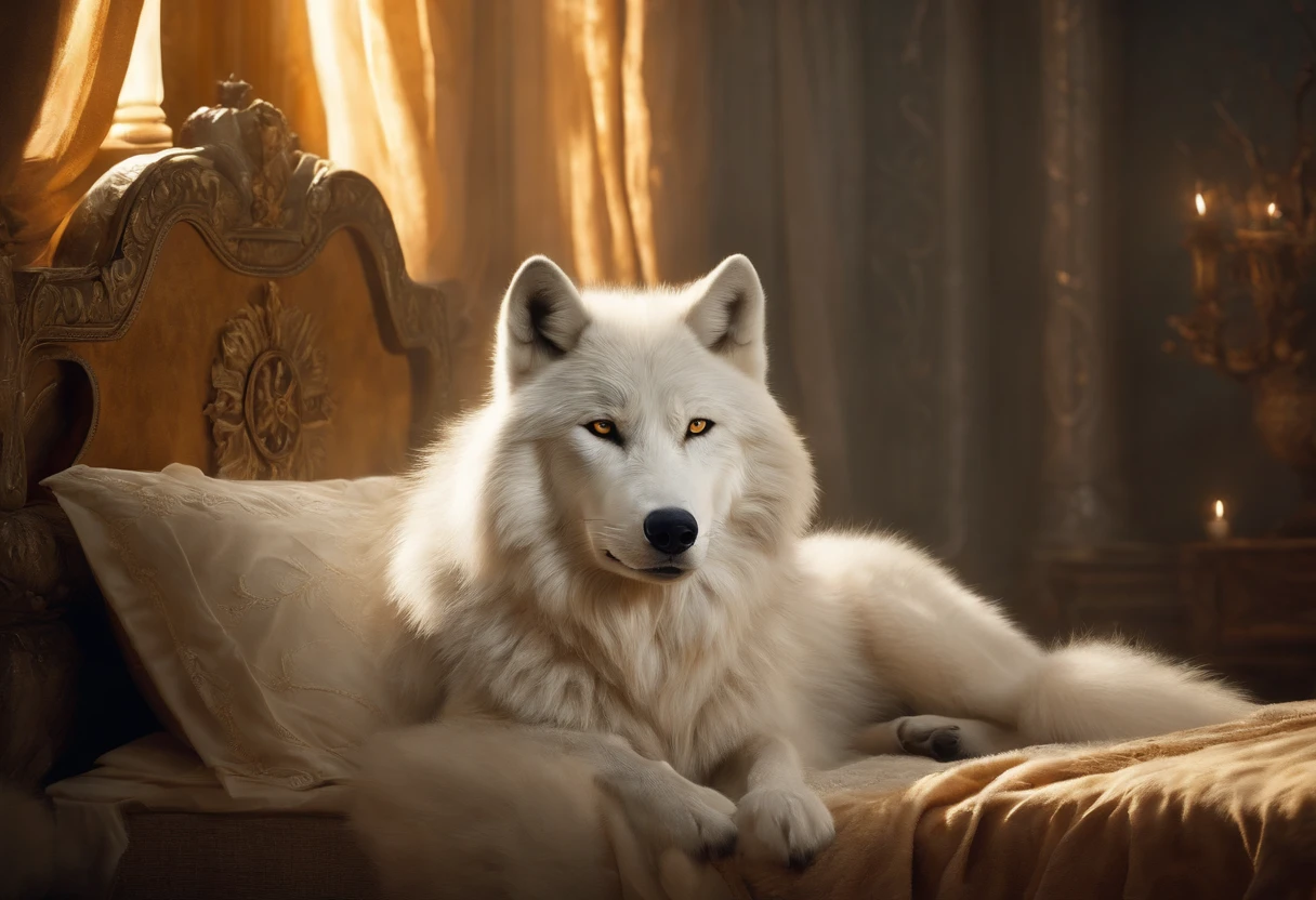 A (fluffy) white wolf with yellow eyes, placed in a dream-like (bedroom background). The wolf is depicted with extreme detail, showcasing its fur texture and intricate facial features. best quality, aiming for a photorealistic rendering that captures every intricate detail. The color palette should consist of cool colors, creating a serene and calm atmosphere. The lighting should be soft and ambient, casting gentle shadows to accentuate the wolf's form. Overall, the prompt aims to evoke a sense of tranquility and wonder, immersing the viewer in a dreamy and ethereal world.