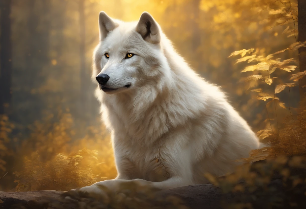 A (fluffy) white wolf with yellow eyes, placed in a dream-like (bedroom background). The wolf is depicted with extreme detail, showcasing its fur texture and intricate facial features. best quality, aiming for a photorealistic rendering that captures every intricate detail. The color palette should consist of cool colors, creating a serene and calm atmosphere. The lighting should be soft and ambient, casting gentle shadows to accentuate the wolf's form. Overall, the prompt aims to evoke a sense of tranquility and wonder, immersing the viewer in a dreamy and ethereal world.