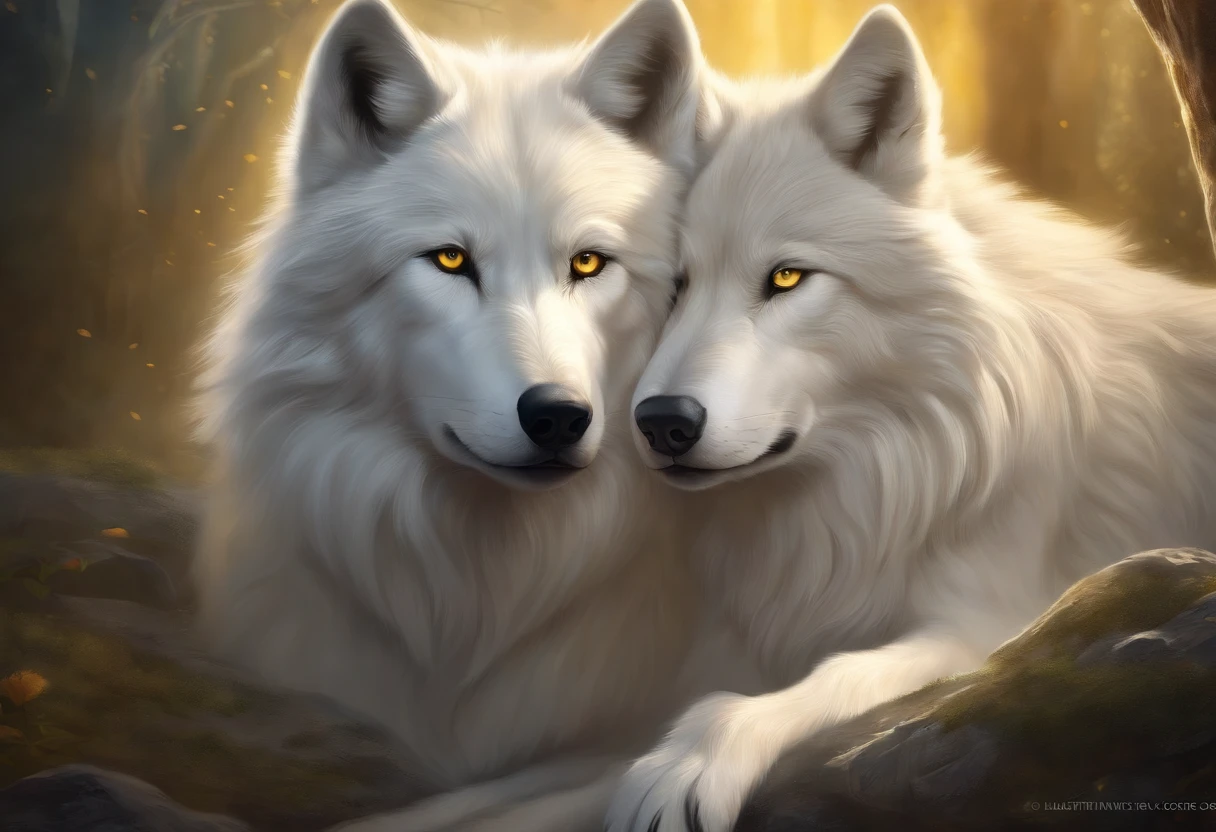 A (fluffy) white wolf with yellow eyes, placed in a dream-like (bedroom background). The wolf is depicted with extreme detail, showcasing its fur texture and intricate facial features. best quality, aiming for a photorealistic rendering that captures every intricate detail. The color palette should consist of cool colors, creating a serene and calm atmosphere. The lighting should be soft and ambient, casting gentle shadows to accentuate the wolf's form. Overall, the prompt aims to evoke a sense of tranquility and wonder, immersing the viewer in a dreamy and ethereal world.