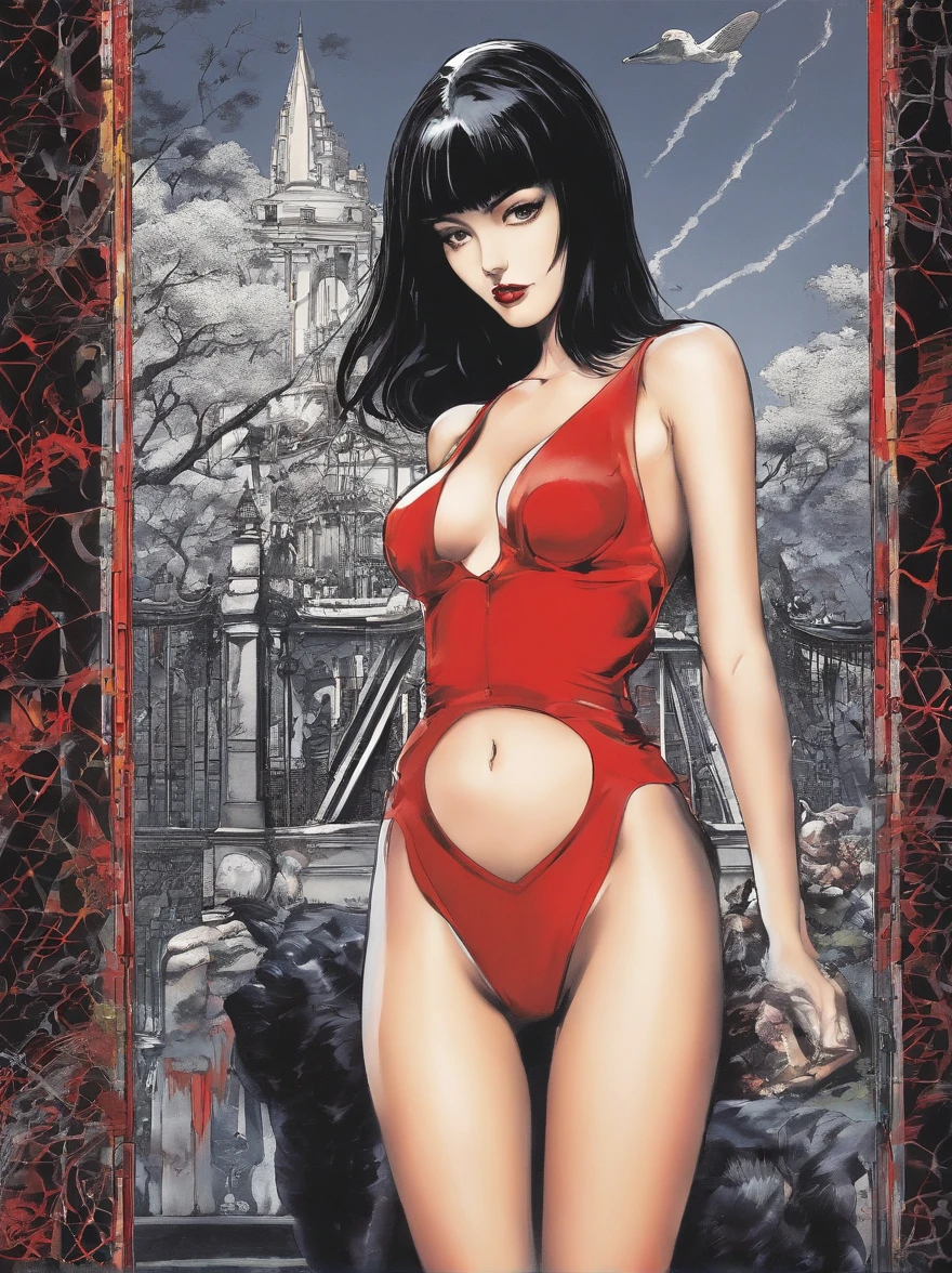 realistic, detailed skin, detailed cloth, night, gothic dark style, margot robbie as vampirella, (center part bangs messy-updo hairstyle), wearing red comic-book swimsuit cameltoe costume,seductive sultry hands on waist pose in front of gothic graveyard scene, high fashion editorial mixed light photography for high end high fashion editorial advertising photography, surreal, wide angle lens, helmut newton photo
