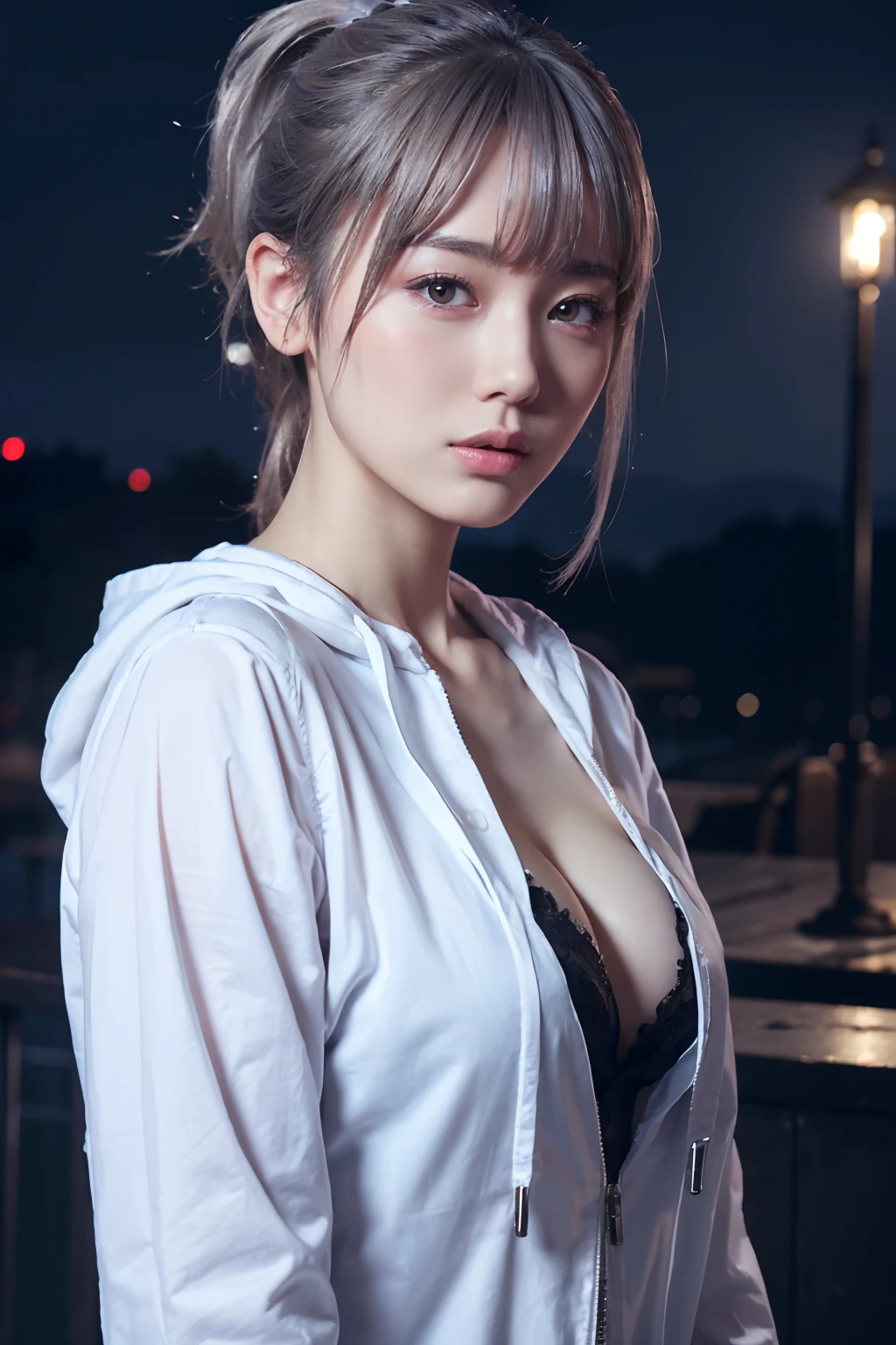 ((masterpiece)), ((best quality)), (ultra-detailed), ((extremely detailed)), 4K, (8K), best quality, (beautiful), gradation, castle, Starry sky, a cute girl, 1girl, solo, hood, beautiful silver hair, beautiful pink eyes, ((beautiful eyes)), ponytail, large breast, cigarette, cool