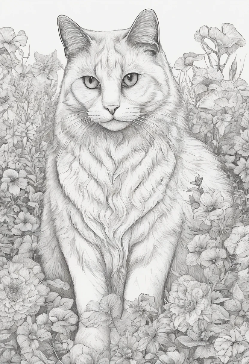 um desenho de um gato deitado em um campo de flores, Desenho de Desenho para colorir, Highly detailed illustration, Linework altamente detalhado, trabalho de linha extremamente detalhado, retrato altamente detalhado, trabalho de linha insanamente detalhado, arte de linha hiper detalhada, desenho altamente detalhado, line art colouring page, Highly detailed illustration.", retrato extremamente detalhado, high detailed illustration, Highly detailed artwork, desenho digital detalhado