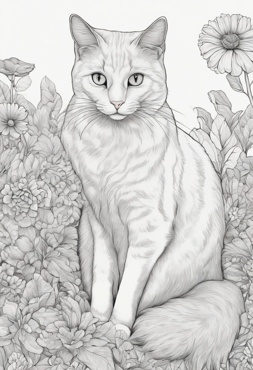 um desenho de um gato deitado em um campo de flores, Desenho de Desenho para colorir, Highly detailed illustration, Linework altamente detalhado, trabalho de linha extremamente detalhado, retrato altamente detalhado, trabalho de linha insanamente detalhado, arte de linha hiper detalhada, desenho altamente detalhado, line art colouring page, Highly detailed illustration.", retrato extremamente detalhado, high detailed illustration, Highly detailed artwork, desenho digital detalhado