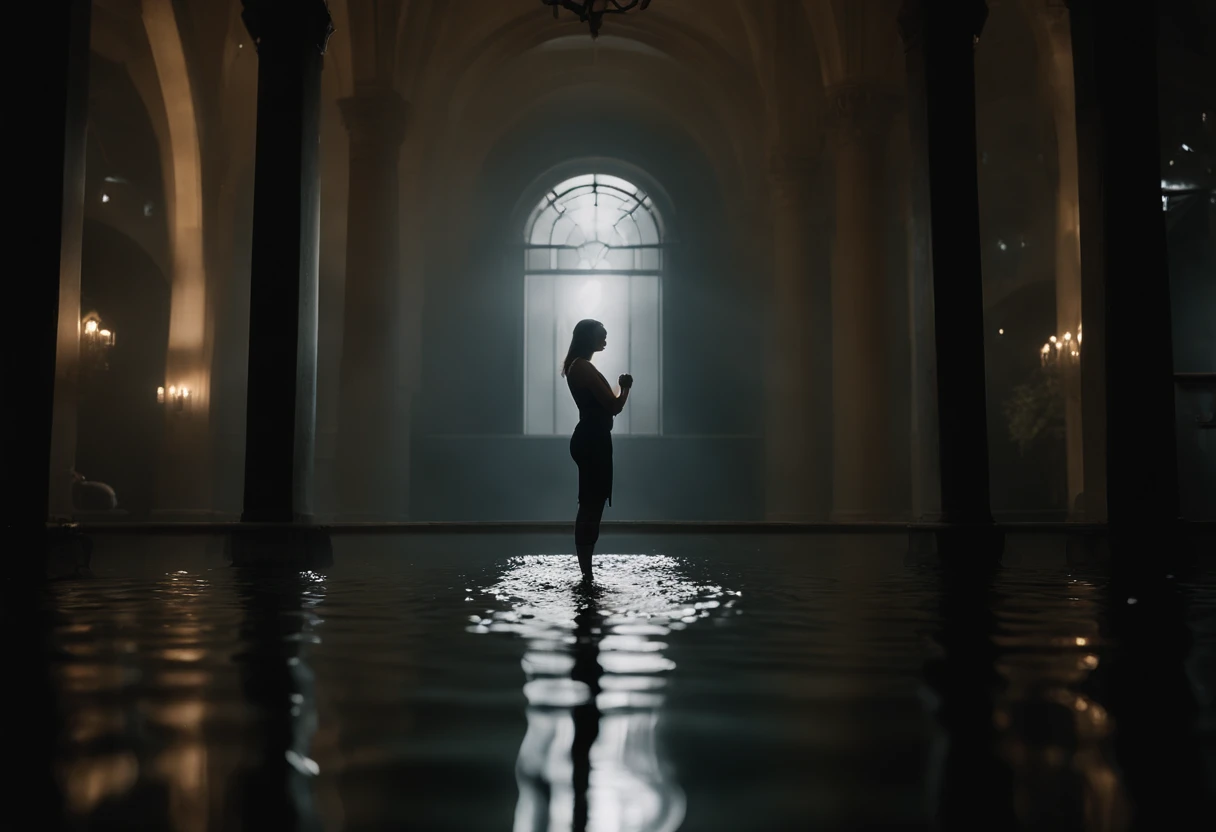 1 spotlight on the centre, 1 figure standing in knee high water, complete darkness all around