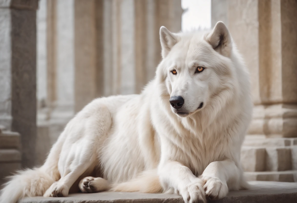 white dire wolf with long fur and yellow eyes, placed in a dream-like castle lobby, fierce wolf