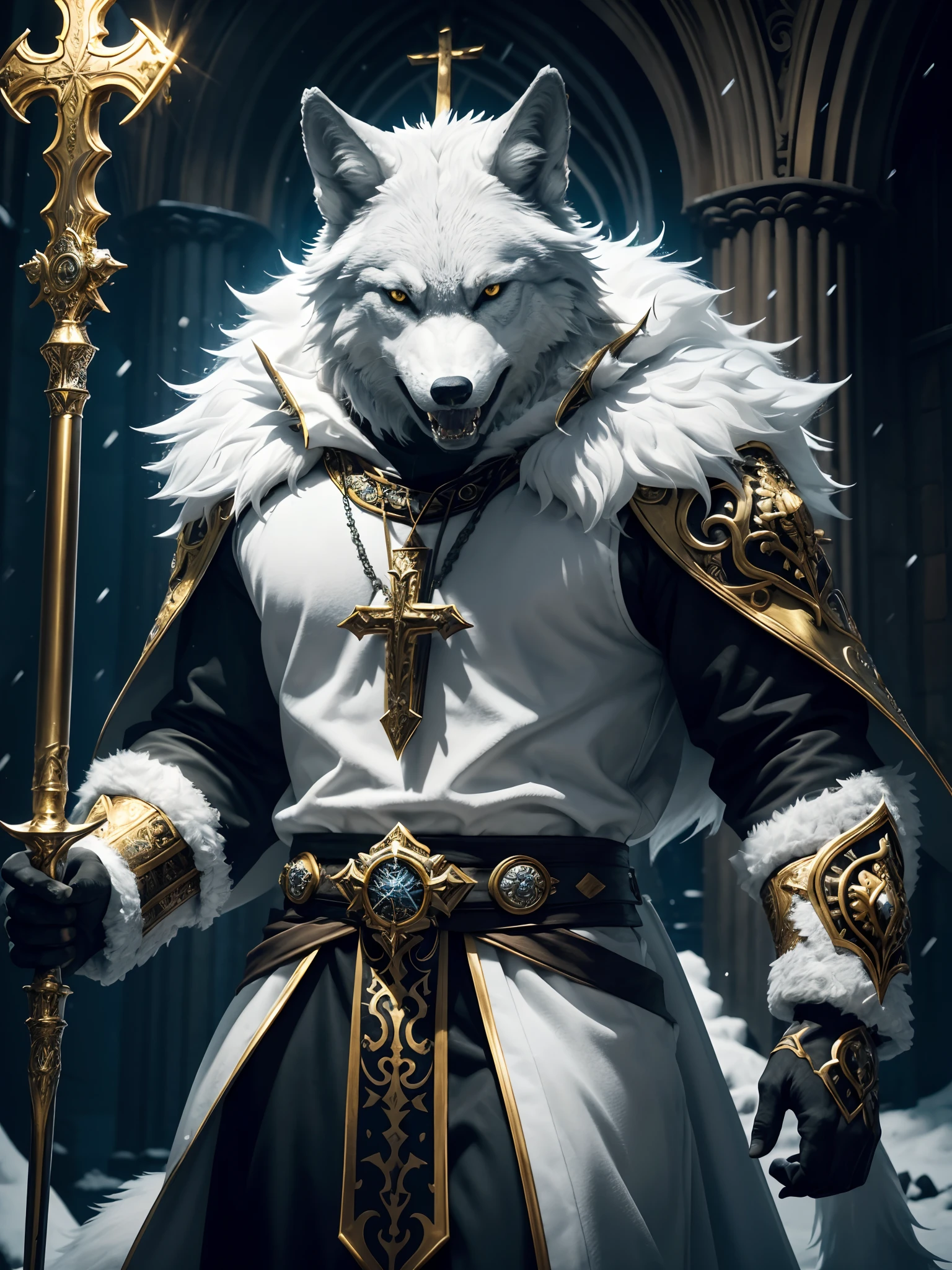 Photorealistic Production, Ultra Realistic Image of an Antropomorphic Wolf Priest, Bright White Fur Covering his Body, Bright Amber Eyes, Intimidating Looking, (Grinning Wolf Face, Showing His Sharp Teeth), Wearing a Black Priest Outfit with Golden Ornate, Holding a Cross-shaped Staff, Dynamic Pose, Snowy Cathedral at Night, Lightning Effects, Luminescent Particles, (From Front Shot), Insane Details, Intricate Wolf Anatomy Details, Intricate Hand Details, Cinematic Shot and Lighting, Vibrant and Realistic Colors, Masterpiece, Sharp Focus, Ultra Detailed, Taken with DSLR camera, Realistic Photography, Depth of Field, Incredibly Realistic Environment and Scene, Master Composition and Cinematography