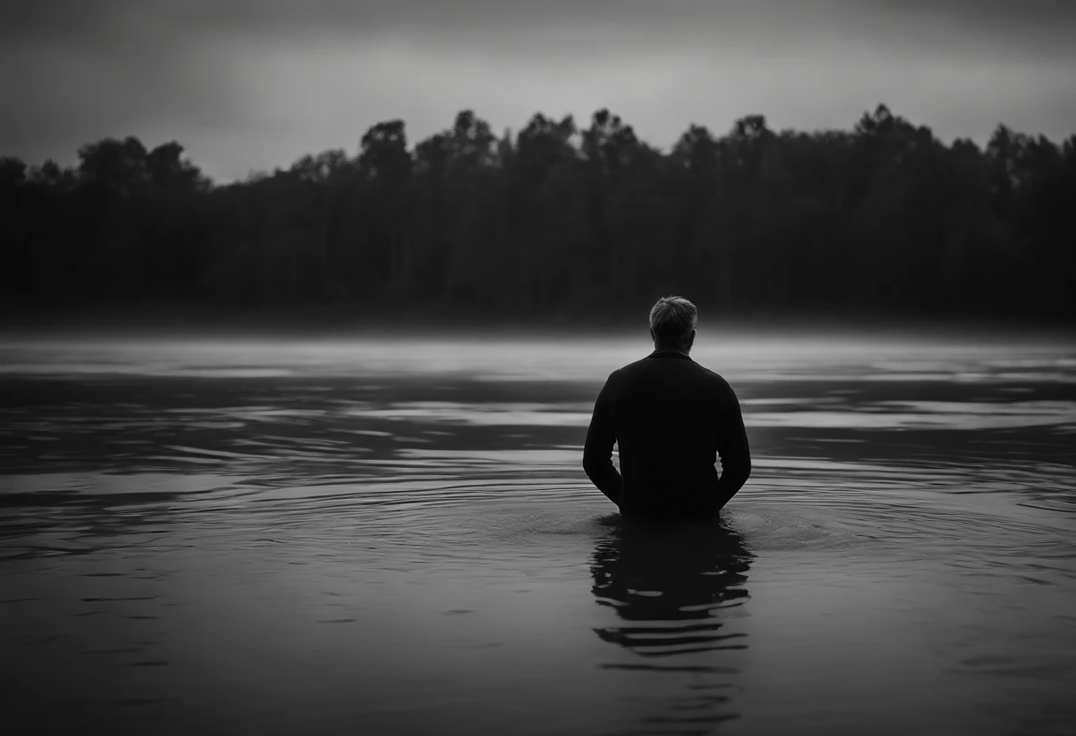 1 spotlight on the centre, 1 figure standing in knee high water, complete darkness all around, black and white, figurative scene