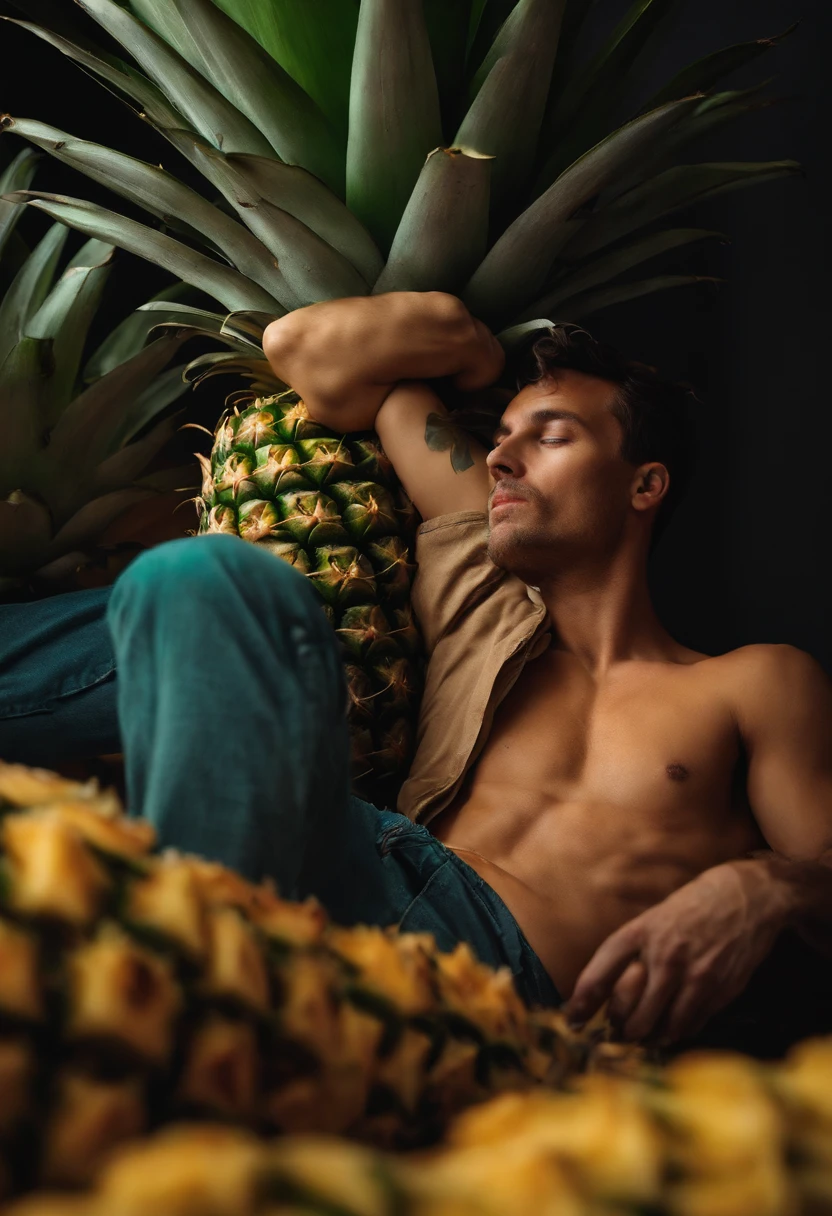 man laying on a pineapple