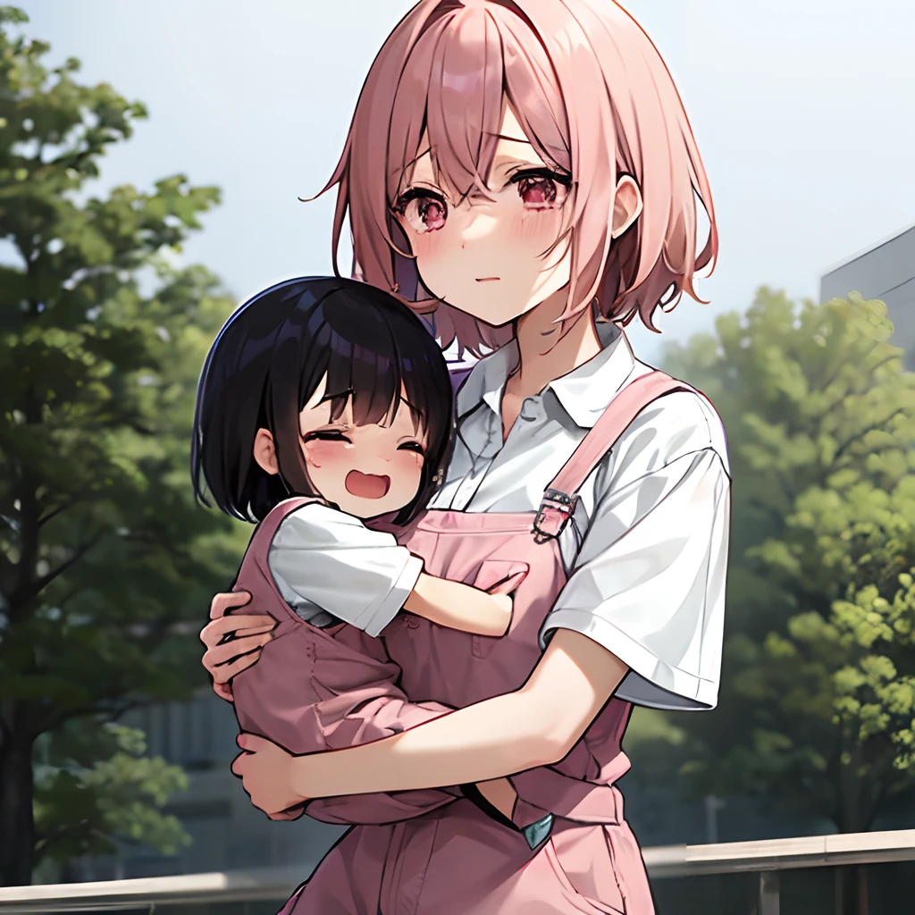 Anime girl with short pink messy hair, wearing a white shirt and pink overalls, crying, being carried by another anime girl, with long black hair, wearing all black