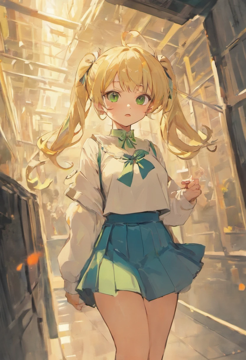 anime, manga, one girl, 1girl, adult, large breasts, big lips, ultra detailed, green eyes, pigtails, blonde hair, outside, skirt skirt, crop top, highres