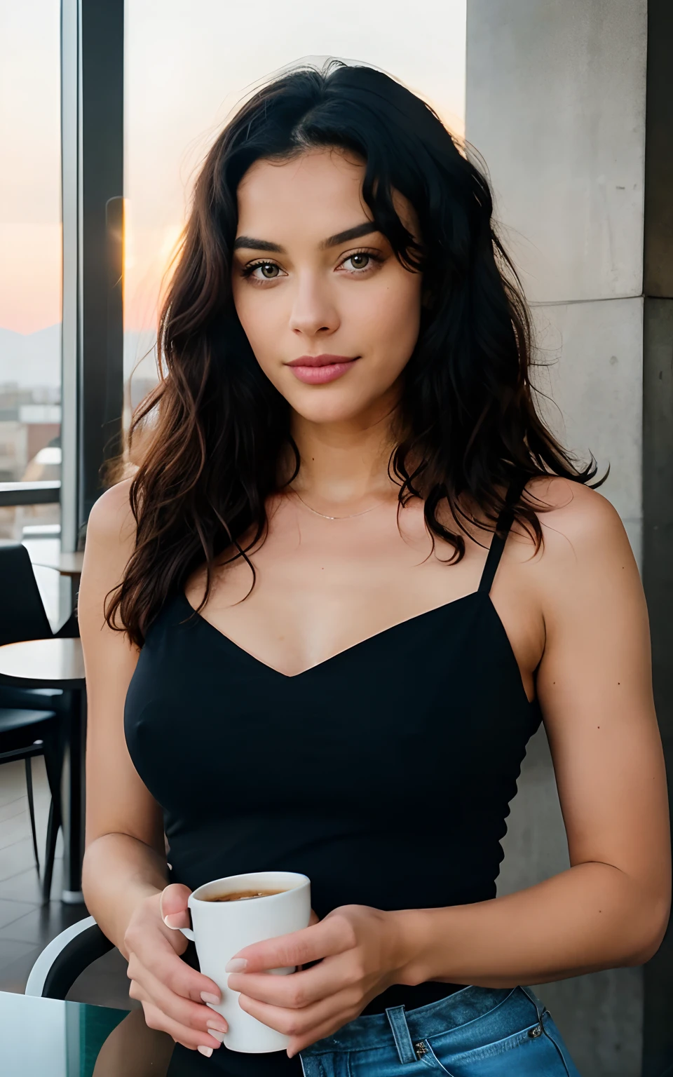 Belle black hair with curly hair and a black top(Holding a cup of coffee in a modern café at sunset), Very detailed, 21 ans, visage innocent, yeux bleus, High resolution, Masterpiece, Best quality, Intricate details, highly detailed, mise au point nette, detailed skin, realistic skin texture, texture, detailled eyes, professionnel, 4K, sourire charmant, filmed in Canon, 85 mm, faible profondeur de champ, Couleur Kodak Vision, perfect fit body, Extremely detailed, photographier_\(ultra\), photoreallistic, Realstic, Post-traitement, maximum details, roughness, real life, ultra realist, photorealism, photographie, 8K UHD, photographie