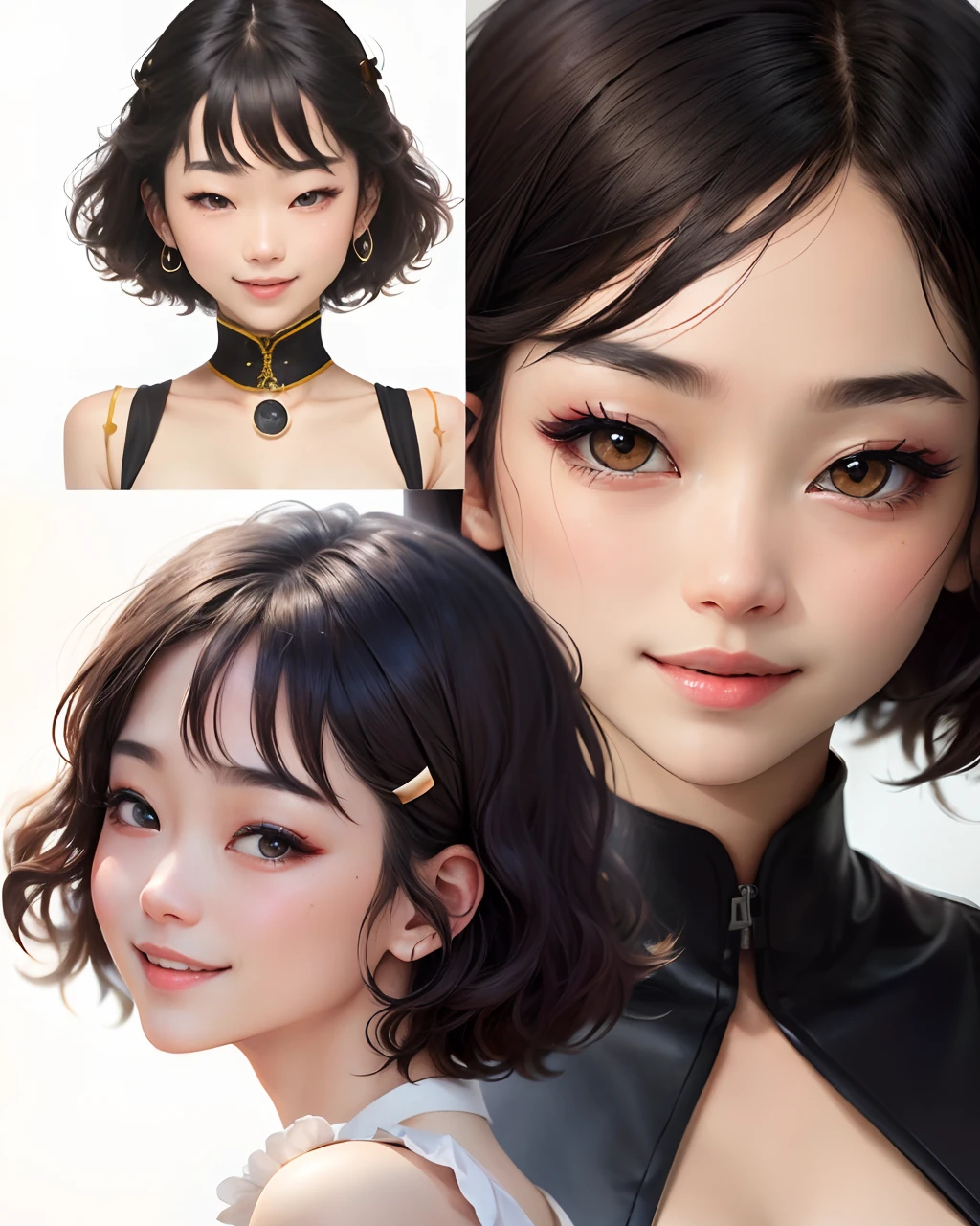 SeaArt Bot Variation 13:44:05 ((masterpiece、top-quality、high-detail))、1人、(Photorealsitic:1.4)、独奏、White background、with a pure white background、closes mouth、Happy smile、Smile happily、pretty black hair、Shorthair、big eye、Distinct double eyelids、Lashes、