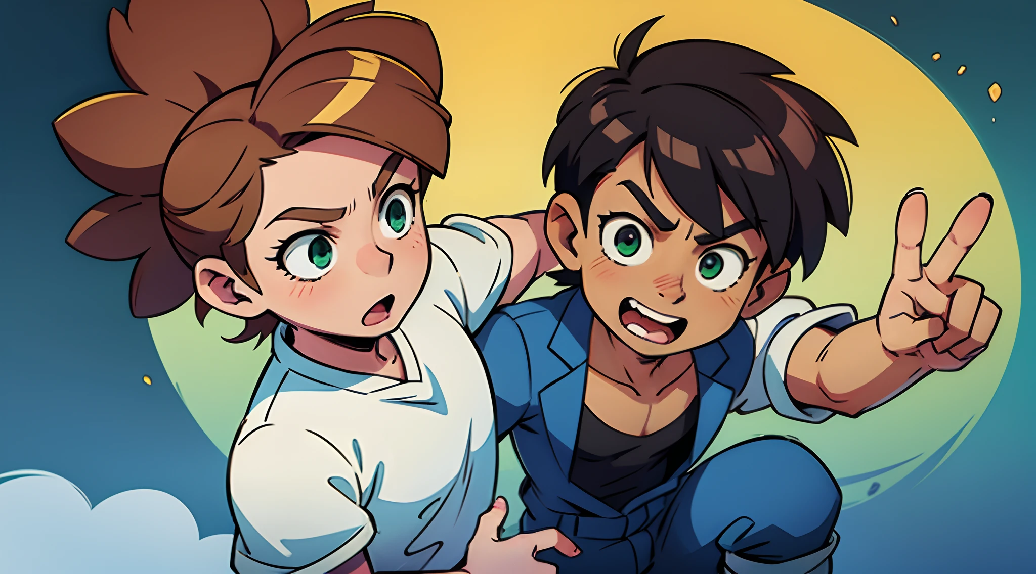 Anime bishounen male with glowing green eyes with short jet black curly hair with low cut sides. He has brown skin. He’s model-like and tall, wide chest and wide traps and wears modern teen fashion. He is being choked by a man. He is trying to protect a girl. He fights back. He has Japanese/Lebanese/Puerto Rican ancestry. He looks like Francisco Lachowski and Maluma and Reggie Bush as one person. Gundam Wing anime and manga art style.