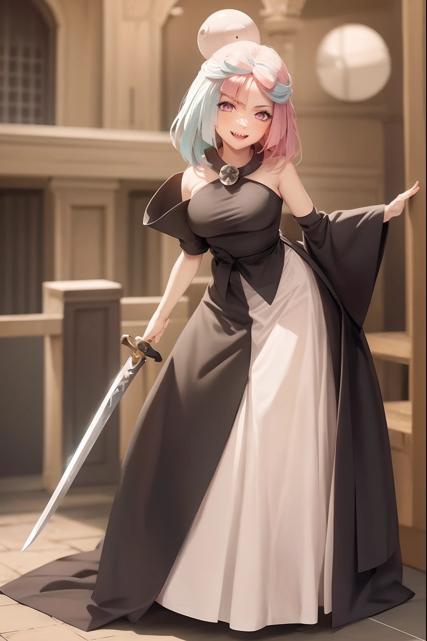 iono,1 girl,pink eyes,solo,smile,open mouth,fangs ,indoors,woman-medieval-clothes, priestess, sword holding, smile, long skirt, large skirt, full body, strawhat