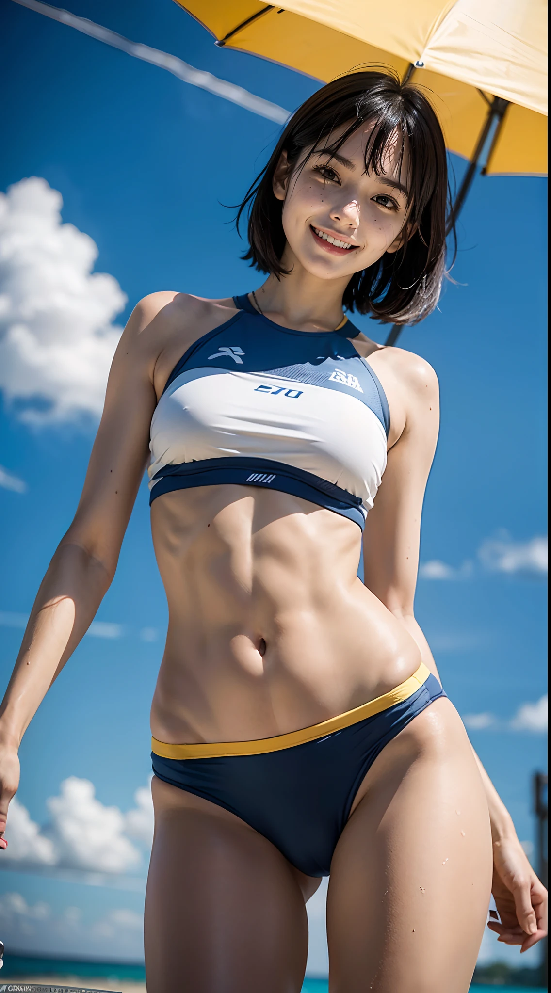 beachvolley, Wearing sweat, Smiling smile, 1girl in, 独奏, 18year old, 7headed body, (Ideal ratio body proportions), (Composition from head to thigh, Composition looking up from below), Erect , Sexy body, Wet, short-hair, A dark-haired, With bangs, small tits, A slender, Small buttocks, beauty legs, Skinny Legs, surrealism, Cinematic lighting, depth of fields, One-person viewpoint, F/1.8, 135 mm, nffsw, masutepiece, ccurate, ((Anatomically correct)), Textured skin, Super Detail, high details, High quality, awardwinning, Best Quality, hight resolution, 8K