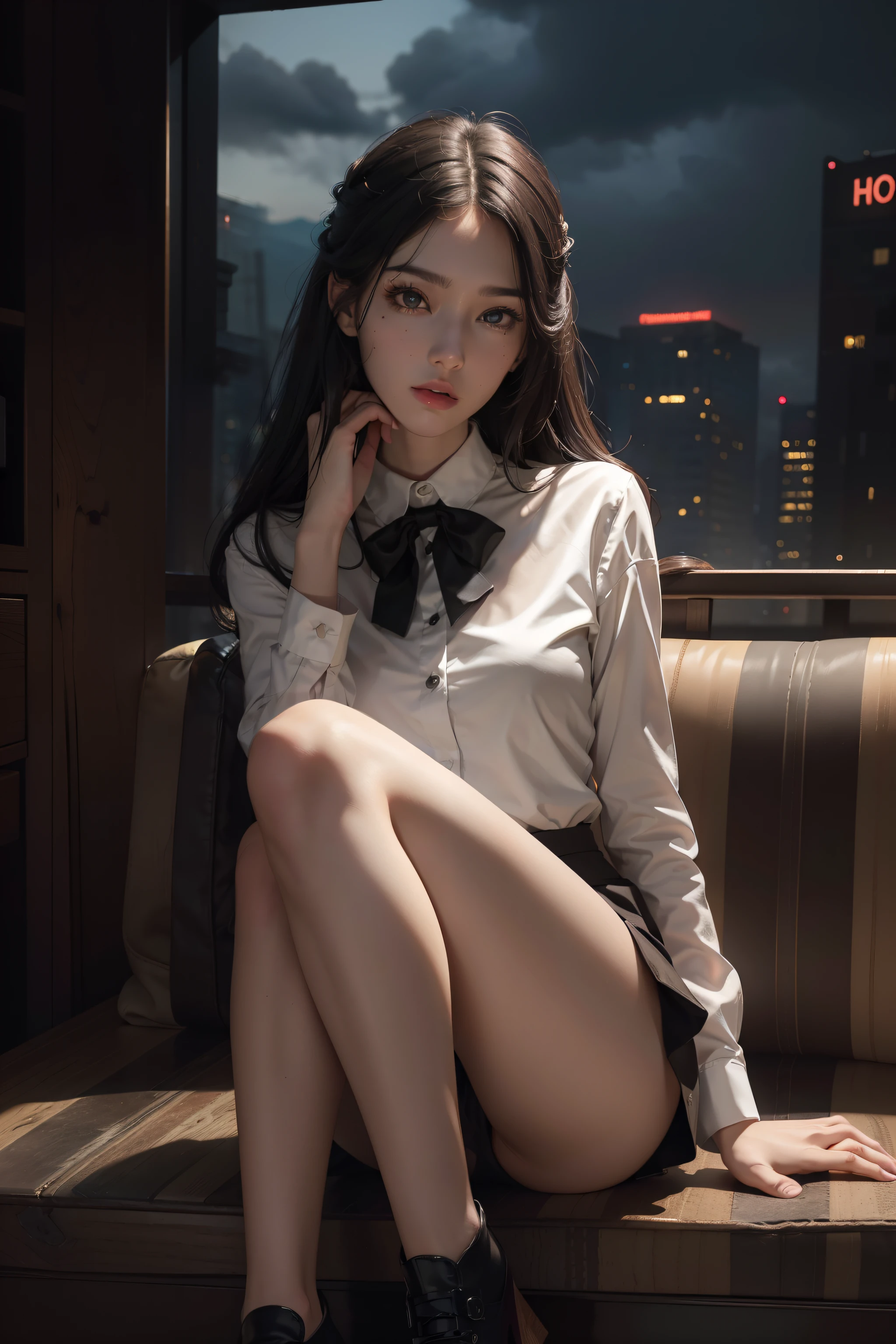 (Hyper-realistic), (Illustration), (High resolution), (8K), (Extremely detailed), (Best Illustration), Yol ( chain saw man ), (Beautiful detailed eyes), (Best Quality), (Ultra-detailed), (masutepiece), (Wallpaper), (Detailed face), Solo, Upper body, Focus on Face, 1 girl, Long Black Hair, Korean, Thin eyeshadow, A detailed eye, Brown eyes, Small moles under the eyes, very slender legs,Long sleeve shirt, Neckbow,  Small breasts,Black leather shoes, Dynamic Pose, low illuminance, Night, Dark, Clouds, a dark night,sit on sofa,Happy,White panty,