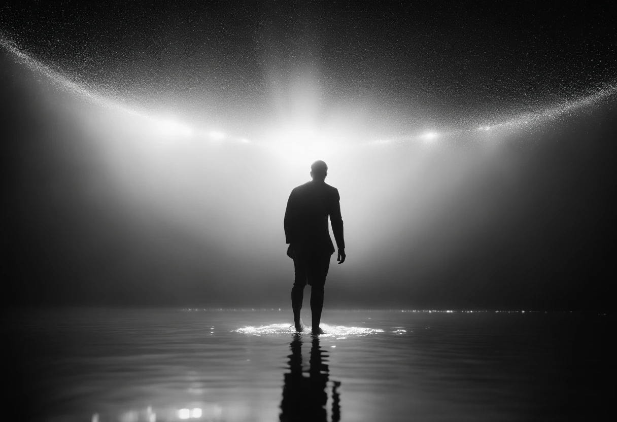 White spotlight on the centre, knee high water, darkness all around, black and white