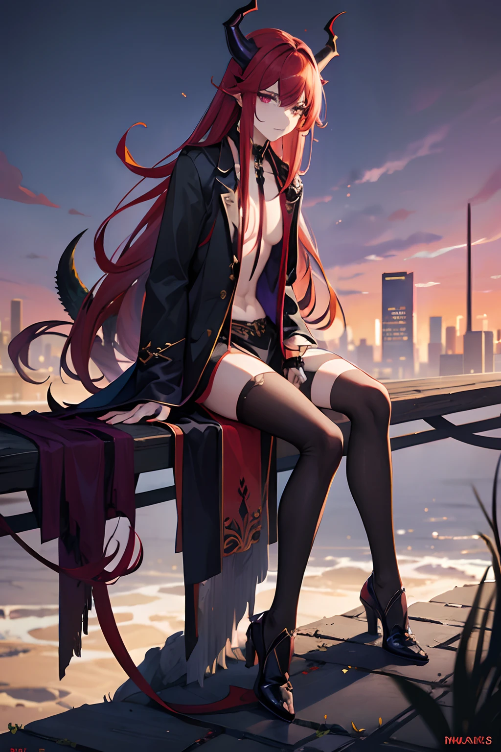 (manly),(long thin demon tail), (ruined city),(shadows),(dark mist background),(purple mist),(masterpiece), (work of art), (amazing work), (detailed eyes), (delicate skin), (red eyes), (multicolored), (red hair ), (sparkling eyes), (1man),best quality, full body, expressive eyes, perfect face,hot, Man,thin, devil tail, horns,dark, shadows, incubus, demon tail, thin long demon tail, causal cloths, relaxing,handsome, fully dressed,