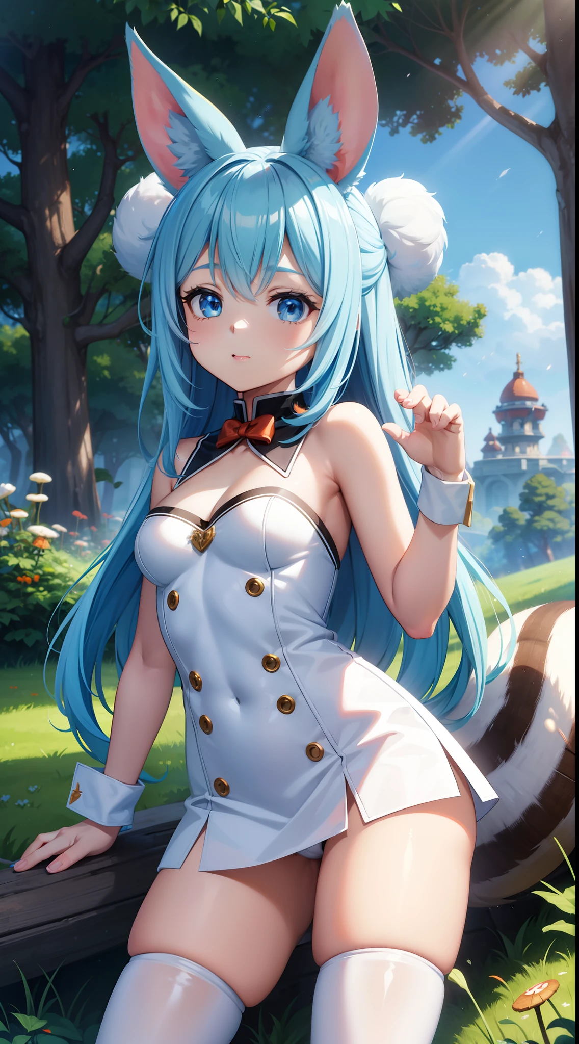 White rabbit with carrots and long ears, long white ears、I'm with a girl with long blue hair and a chibi character。This is a lovely white and blue sexy outfit。White panty、Dark eyes。cute forest creature, Cute mushrooms also grow、Lovely digital painting, cute detailed digital art, the squirrel king, adorable digital art, cute cartoon characters, cute character, Adorable creatures, cas, official illustrations, offcial art, a squirrel, maplestory mouse, astri lohne, cute 3d render