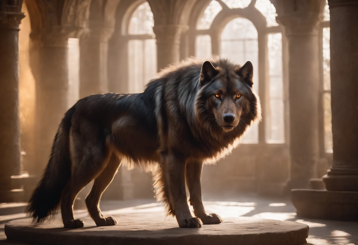 Fiercw dire wolf with long fur and yellow eyes, placed in a dream-like castle lobby,
