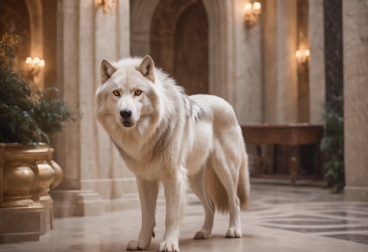 Fiercw dire wolf with long fur and yellow eyes, placed in a dream-like castle lobby,