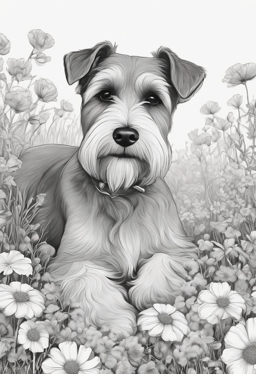 A drawing of a schnauzer dog lying in a field of flowers, Desenho de Desenho para colorir, Highly detailed illustration, Linework altamente detalhado, trabalho de linha extremamente detalhado, retrato altamente detalhado, trabalho de linha insanamente detalhado, arte de linha hiper detalhada, desenho altamente detalhado, line art colouring page, Highly detailed illustration.", retrato extremamente detalhado, high detailed illustration, Highly detailed artwork, desenho digital detalhado