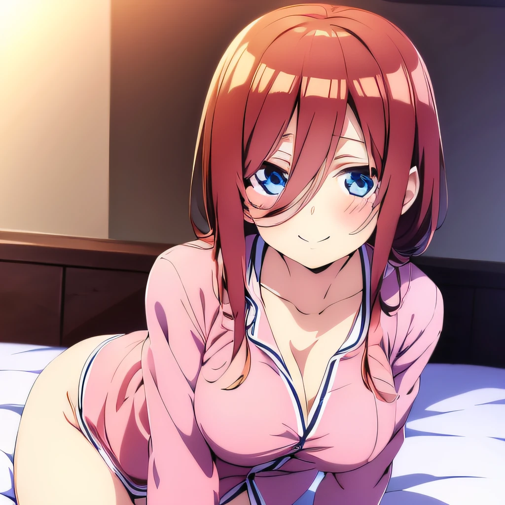 ((masutepiece)), ((Best Quality)), (Ultra-detailed), Anime style, on the bed, s, 1girl in, Solo, Pajamas 00, ((Beautiful eyes)), large full breasts, Smile