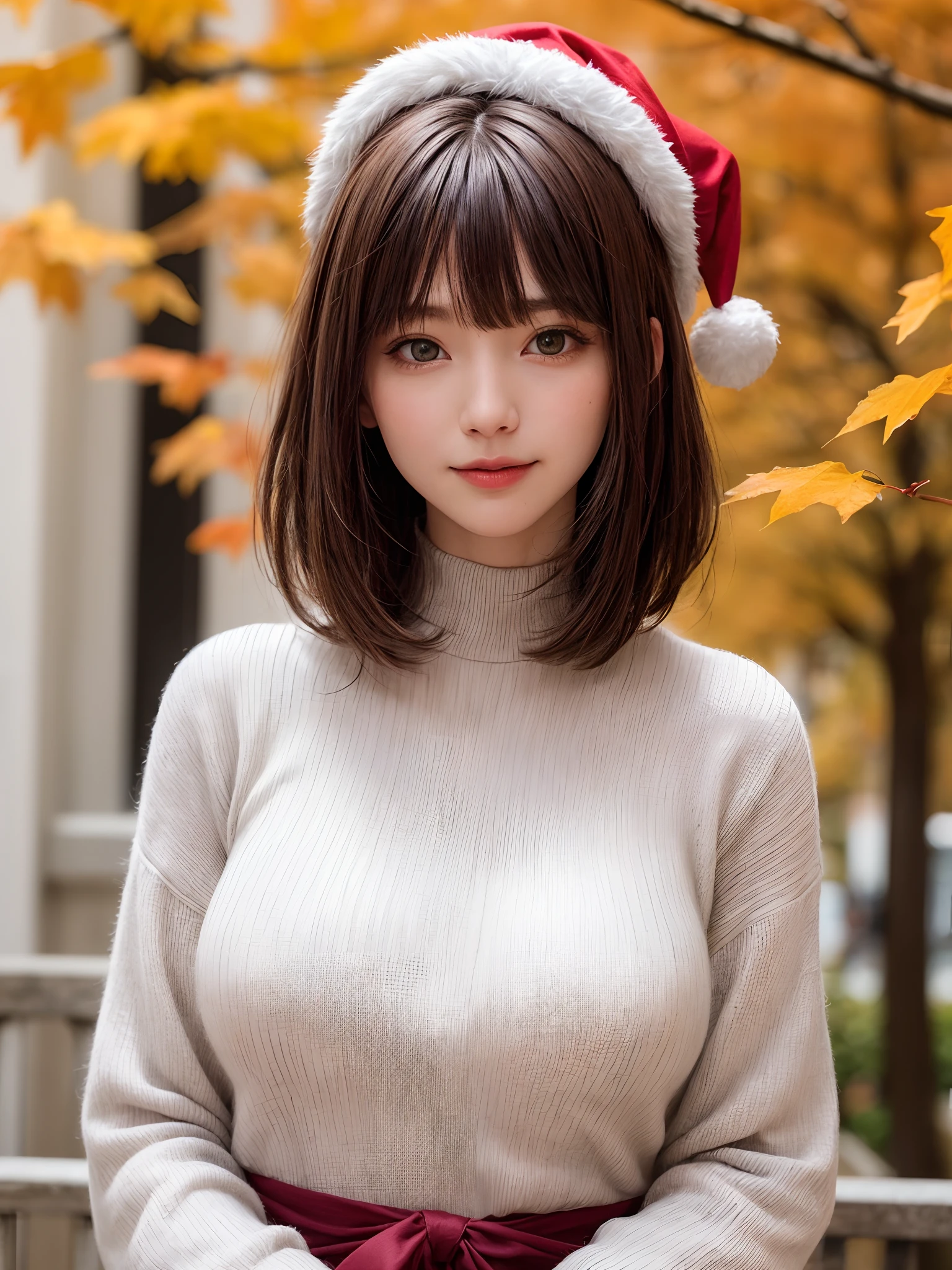 (masutepiece:1.4, top-quality、Very attractive adult beauty with a very cute smile:1.4、Add intense highlights to the eyes:1.4、Look firmly at the camera、Beautiful woman full of adult charm:1.4),1girl in, 独奏, Light brown shiny hair, muffler,Santa Claus hat:1.4,realisitic, looking at the viewers, Bright colored crystal light blue eyes:1.4, short shiny hair, Santa Claus Starneck Knit、 Red and white costume of Santa Claus in turtleneck with round hole in the center of the chest:1.4,Sexy red and blue turtleneck knit sweater with round hole in the center of chest:1.4、 s lips, lipgloss:1.4,bangss, The upper part of the body、big eye、Lashes、The face is a little red:1.4、Embarrassing)、((Canadian tree-lined avenues in autumn:1.4))、((Shorthair with bangs、big eye、Put very strong highlights in your students:1.4、{Gigantic|Big|Huge|Mega} breasts:1.4、very Bigger breasts、gazing at viewer、Very beautiful beauty、Put your ears out:1.4、long neck:1.4、little smiling、Beautiful teeth、Open your mouth and smile:1.4))、28 year old:1.4、Very cute supermodel:1.4、