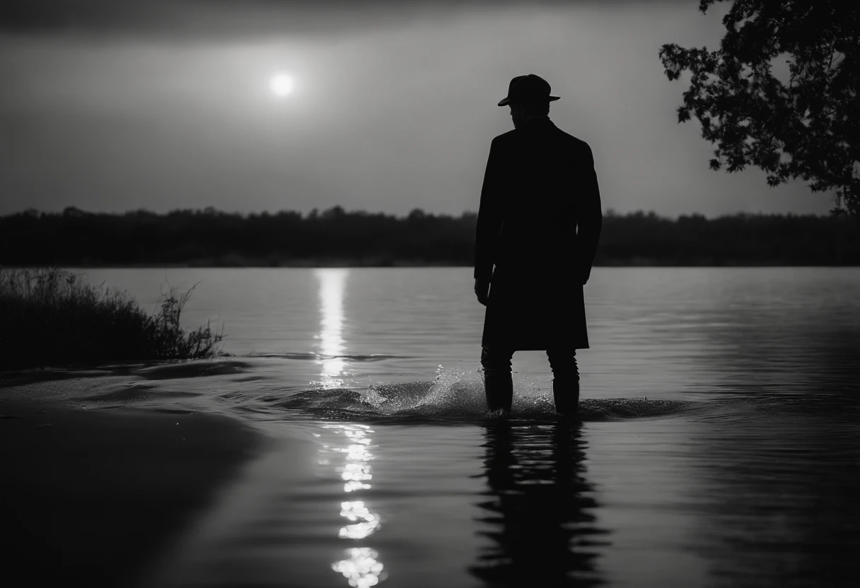 White spotlight on 1 figure standing in knee high water, darkness all around, black and white