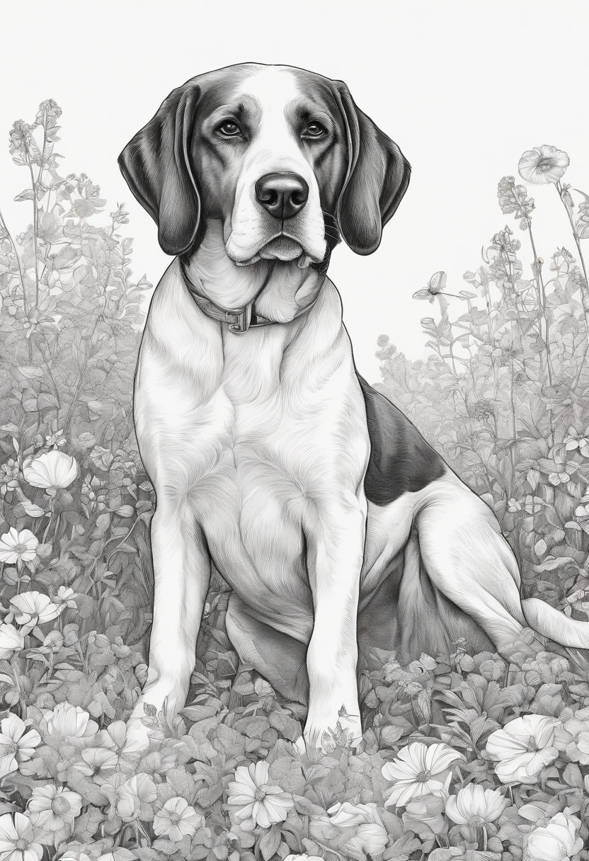 A drawing of an Aphgane Hound dog lying in a field of flowers, Desenho de Desenho para colorir, Highly detailed illustration, Linework altamente detalhado, trabalho de linha extremamente detalhado, retrato altamente detalhado, trabalho de linha insanamente detalhado, arte de linha hiper detalhada, desenho altamente detalhado, line art colouring page, Highly detailed illustration.", retrato extremamente detalhado, high detailed illustration, Highly detailed artwork, desenho digital detalhado