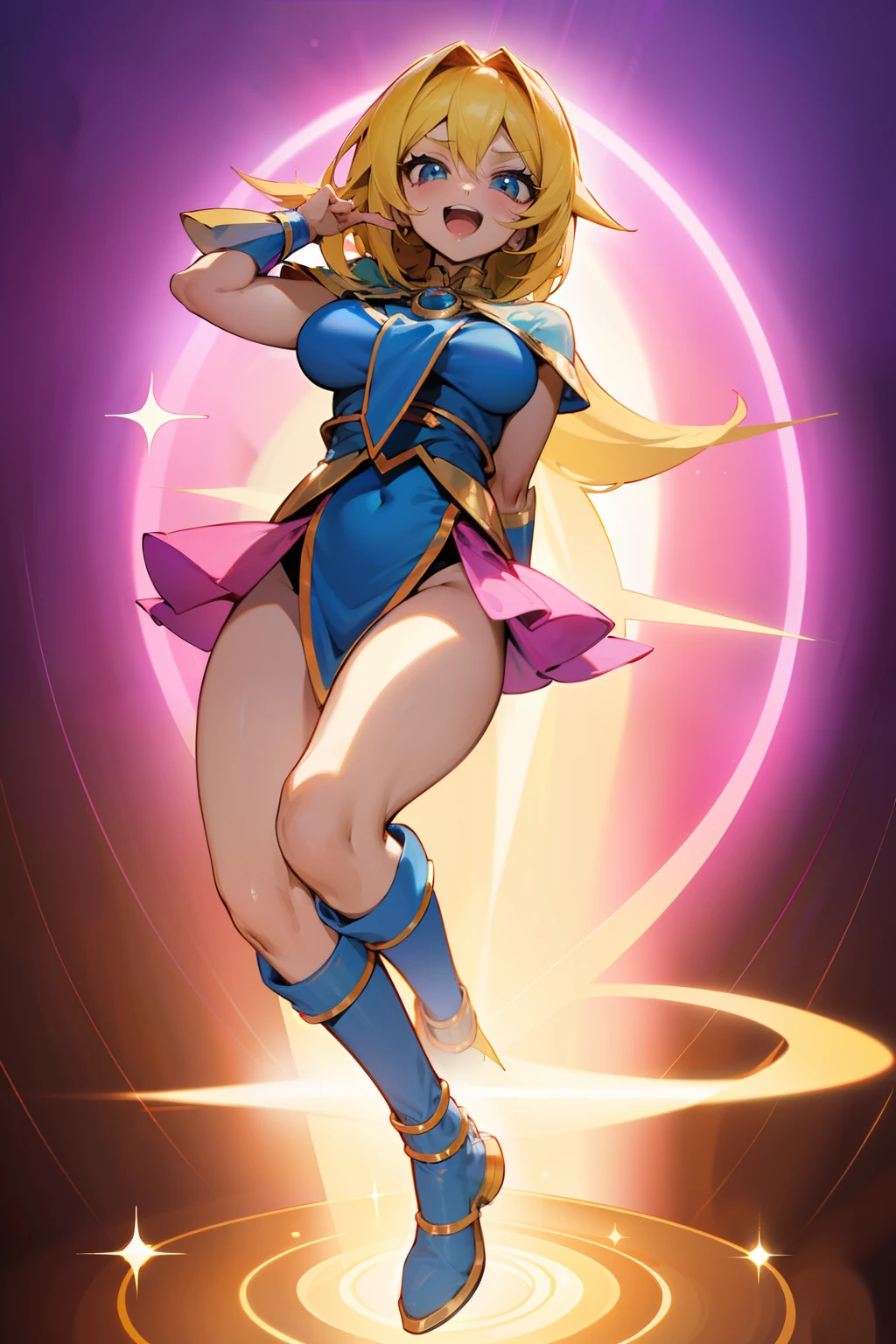 Black Magician Girl、super breasts、thick thighs、blonde hair、magic circle、8K, 4k, highest quality, High resolution: 1.2),winking、Nipples exposed、cute anime face、Pink blush on cheeks、noise removal、Leotard that bites into、have a cane、Hold your cane、Rear view、Turning around、full body portrait、T-back that digs into your butt、Glowing green eyes、Laughter