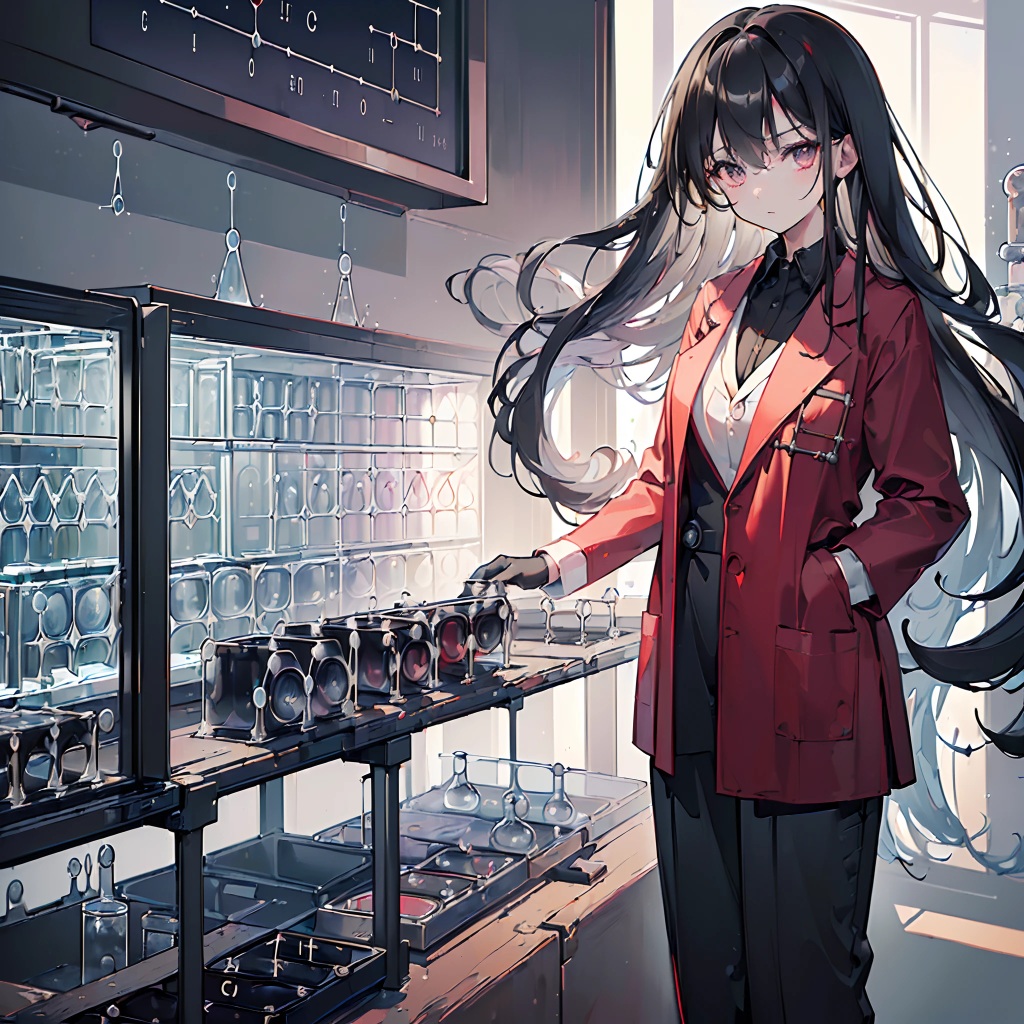 (high res:1.3), (masterpiece:1.6), (best quality:1.4), best illustration, 1girl, (Scientist:1.9), atheist, droopy long black hair, dark hair, dress pants, black gloves, crimson eyes, large lab coat, (black lab coat:1.3), Petite stature, short height, (systems chemist:1.3), (dark and large chemistry lab:1.5), chemistry vats in background