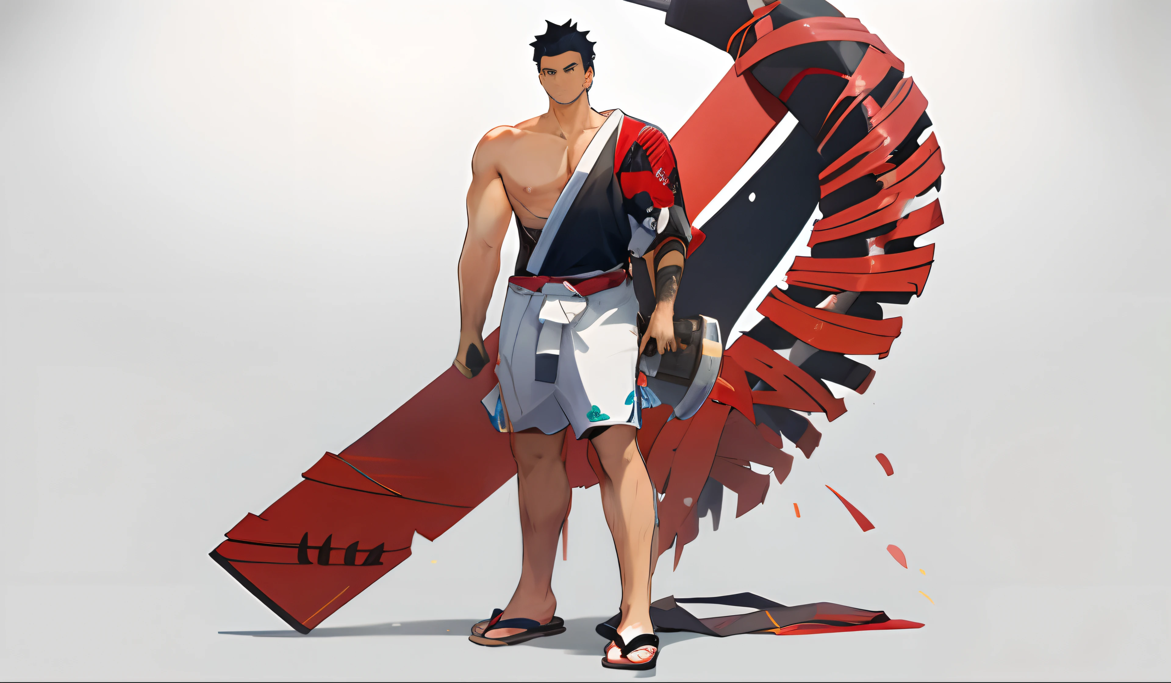 a mechanic guy, wearing tradisional japanese clothes, the left side of the body is naked, full body
