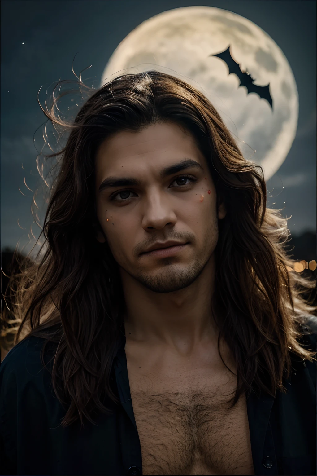 Coloridas pinturas de hombres lobo, Primer plano extremo, pelaje largo, Luz de la luna, Luz de Dios, Halloween-themed aesthetics.