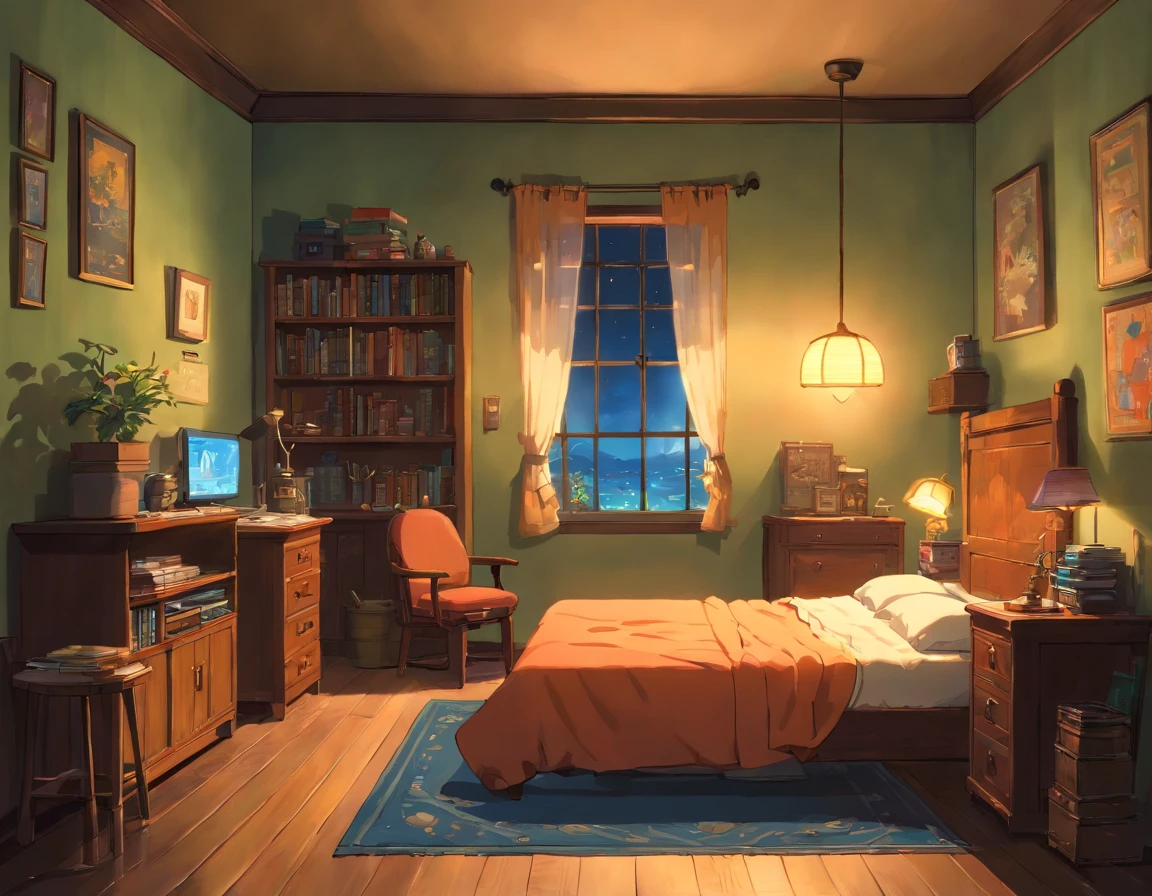 uarto mal iluminado, Quarto escuro, Quarto em Studio Ghibli, sala com pouca luz, quarto escuro, quarto fotorrealista, cena de pesadelo hiperrealista, pintura de um quarto, Quarto mal iluminado, fundo do quarto pessoal, dentro de um quarto, ghostly teenage room, arte conceitual escura fotorrealista, janela de noite, quarto mais moderno, computador gamer em cima da mesa