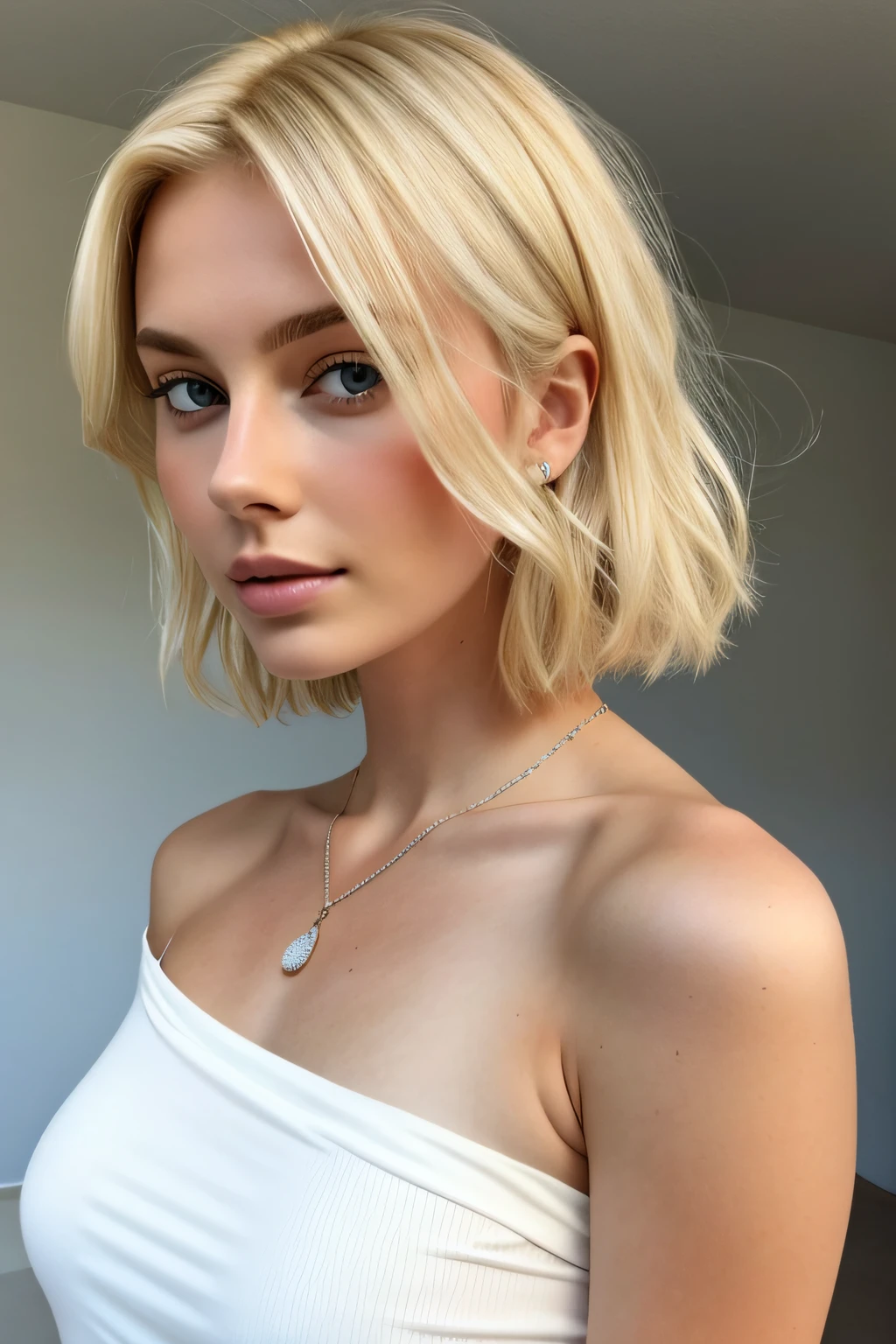 1fille dans, 19 ans, seulement, cheveux longs, Colossal, Regarder le spectateur, cheveux blonds, bare shoulders, yeux bruns, bijoux, corps entier, un collier, off shoulders, Chandails, Realstic, Un sexy