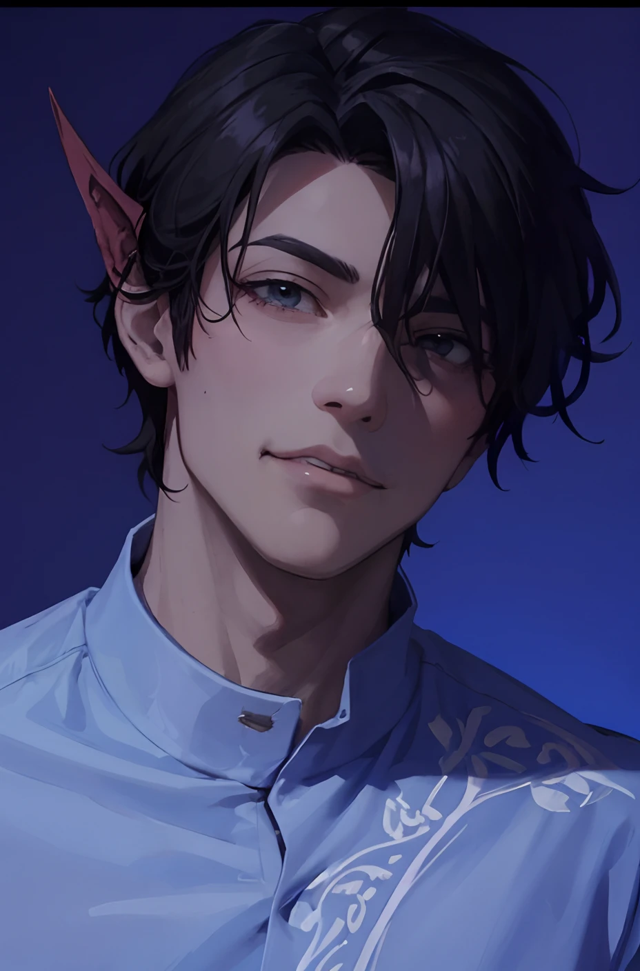 (absurdres, highres, ultra detailed), 1 male, elf adult, handsome, tall slender guy, narrow eyes, narrow shoulders, finely detailed eyes and detailed face, messy shaggy black hair, side bangs, bangs, green eyes, sexy twink, shirtless, final fantasy 14, dog collar, full body shot, backside, back view, submissive expression, bad boy