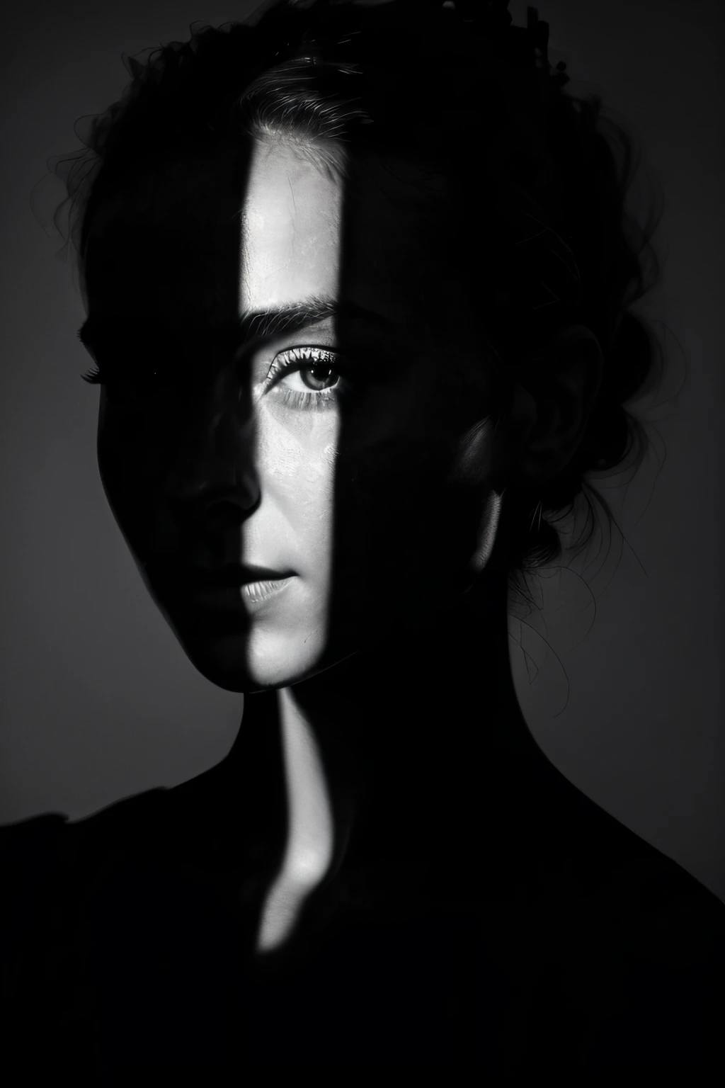 1girl,spotlight,silhouette,parted lips,looking at viewer,monochrome,portrait,deatailed beautiful face,hair bun,simple background,dark background,