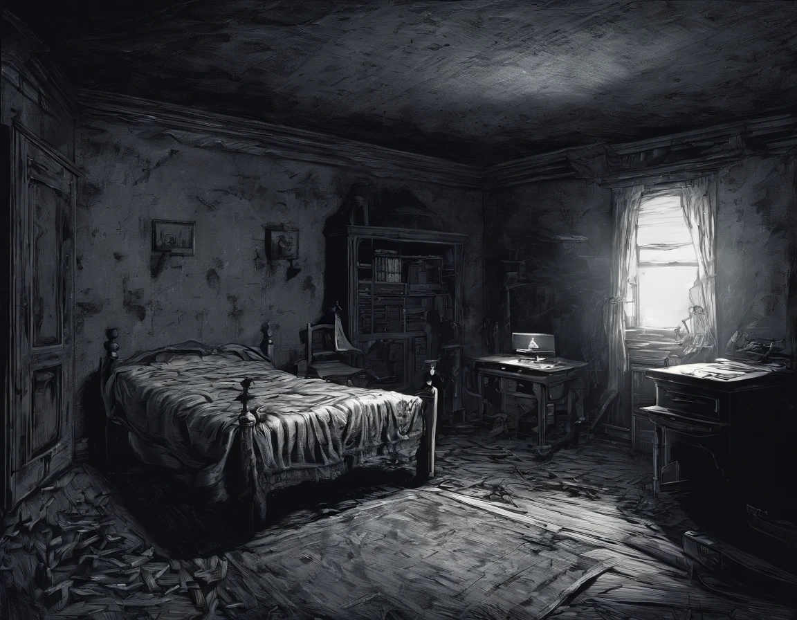 The detective then went up the stairs and found a dead man on the bed., The bullet shattered, leaving a large blood trail on the wall.. Creepy, low voice, cartoon panel layout, Many perspectives, collage, low light, dark fantasy, quiet man, white ink, hard contrast