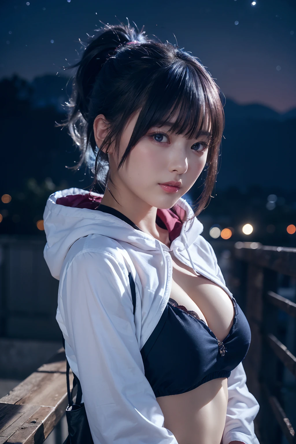 ((masutepiece)), ((Best Quality)), (Ultra-detailed), ((Extremely detailed)), 4K, (8K), Best Quality, (Beautiful), Gradation, Factory Zone, Starry sky, Cute little girl s, 1girl in, Solo, hoods, Beautiful blue hair, Beautiful pink eyes, ((Beautiful eyes)), Ponytail, large full breasts, Cool