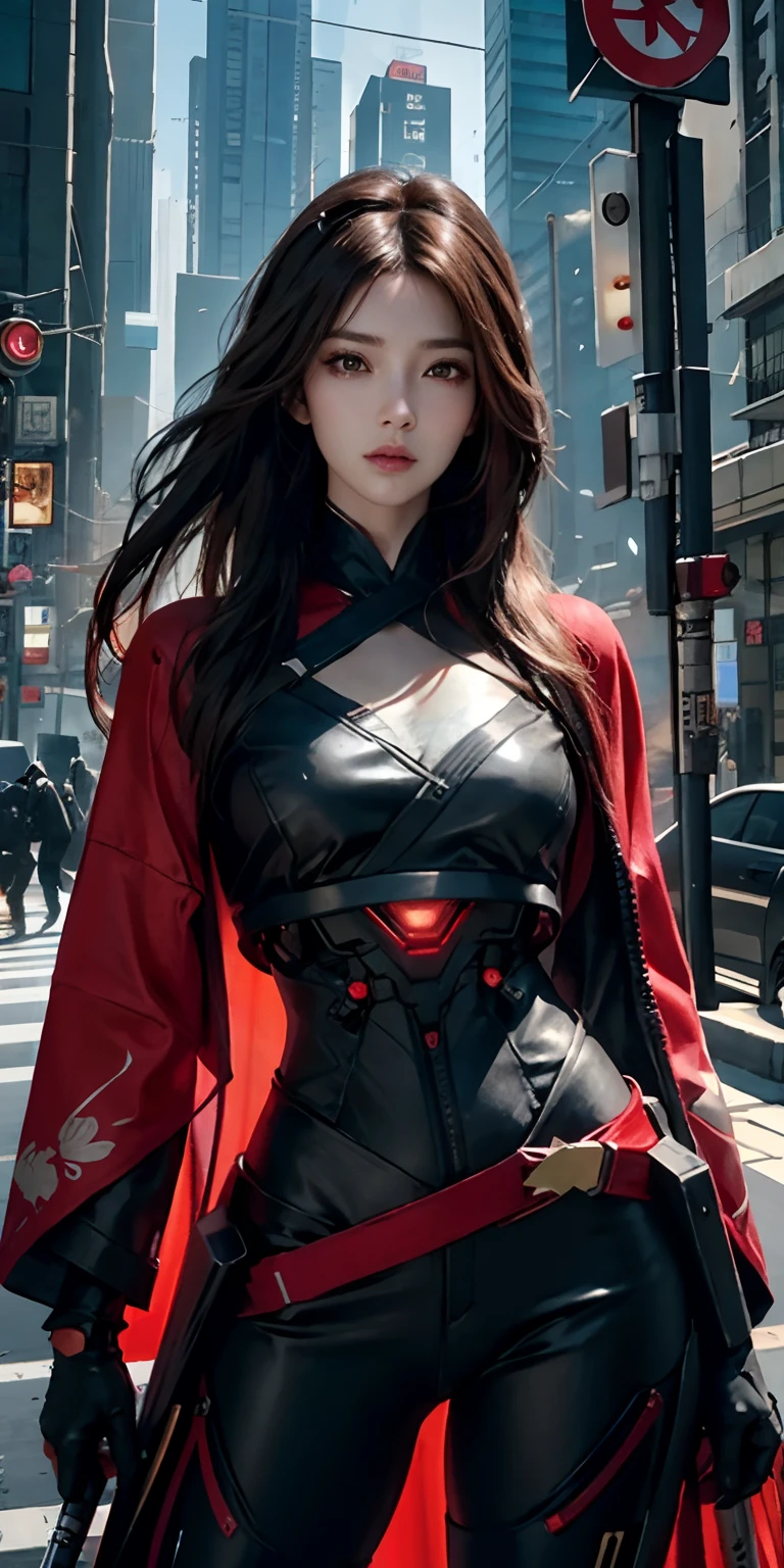 photorealistic, high resolution, soft light,1women, solo, hips up, (detailed face), red long hair, cybersamurai, cyborg, cyberpunk,  cyber armor, holding weapon,glowing,on the street , kimono , sniper looking at the target, gun